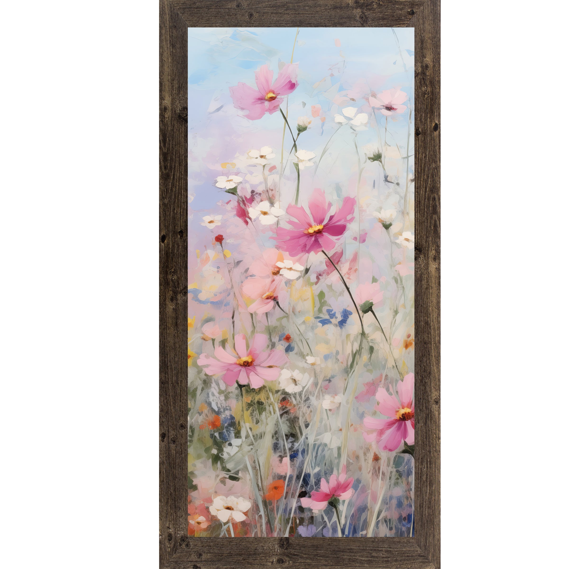 Natural Brown framed tall portrait floral wall art featuring impressionist cosmos wildflowers in deep magenta pink white yellow and orange against a soft blue sky — Cosmos Meadow Left Panel SB728