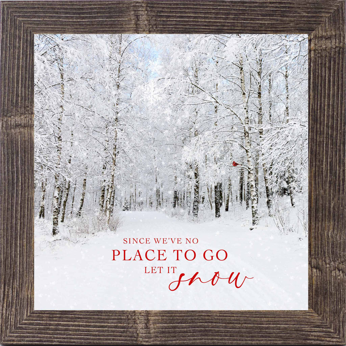 Winter snowy forest wall art with red cardinal in birch trees and red Let It Snow lyrics, square framed Christmas winter decor by Summer Snow