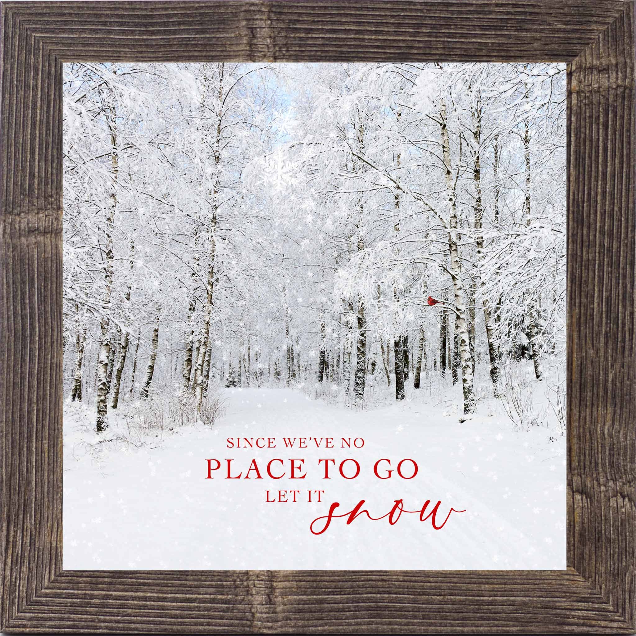 Winter snowy forest wall art with red cardinal in birch trees and red Let It Snow lyrics, square framed Christmas winter decor by Summer Snow