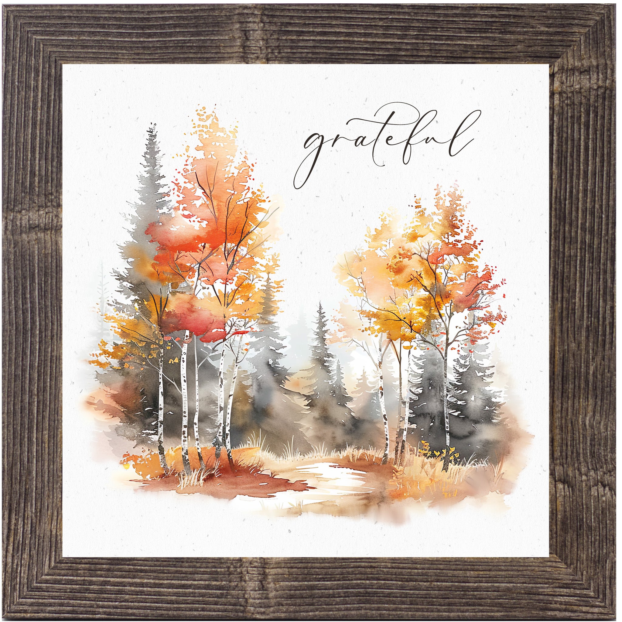 Natural brown framed square fall wall art featuring watercolor autumn birch pine and deciduous forest in vivid red orange and gold tones with elegant script word Grateful on soft white background — SN171