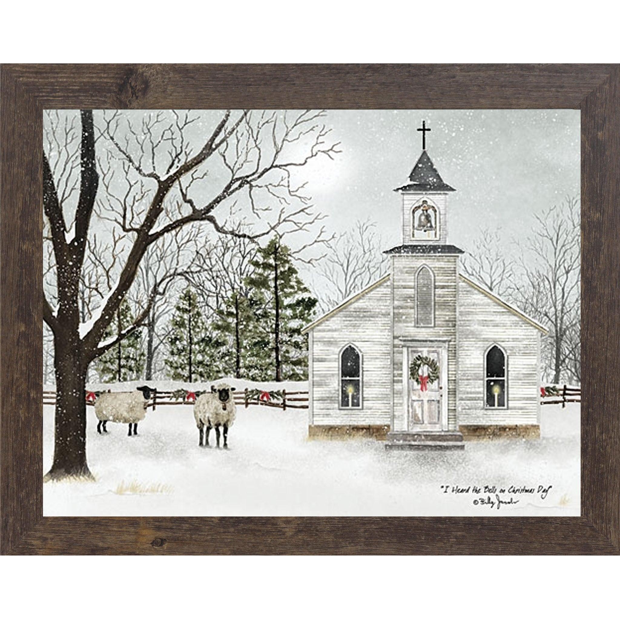 Christmas church framed wall art by Billy Jacobs featuring a snowy winter church with wreaths, sheep in the foreground, and falling snow