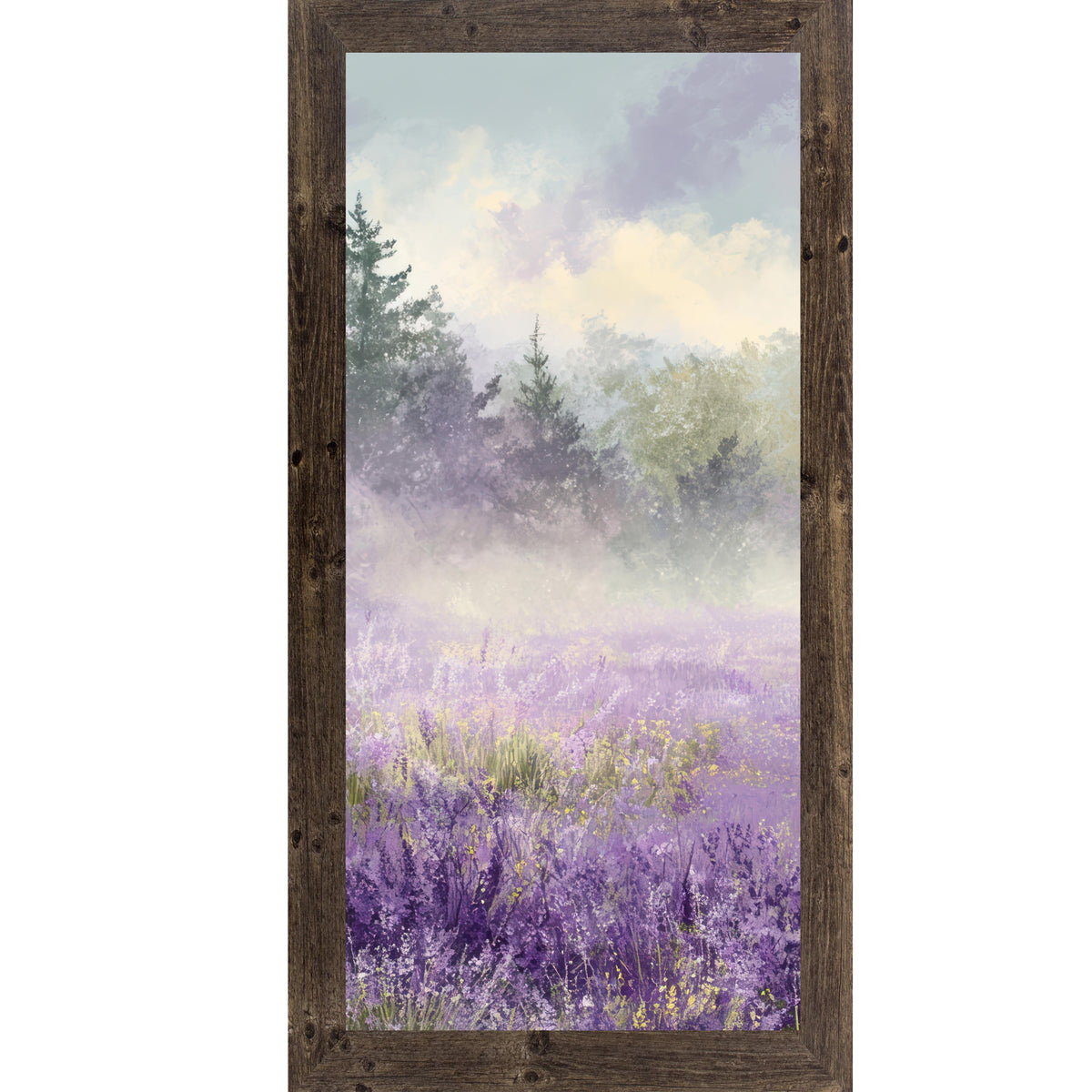 Natural brown framed tall portrait floral wall art featuring a misty lavender wildflower field with two dark evergreen trees upper left and golden light breaking through a dramatic violet sky — Lavender Field Left Panel SB746