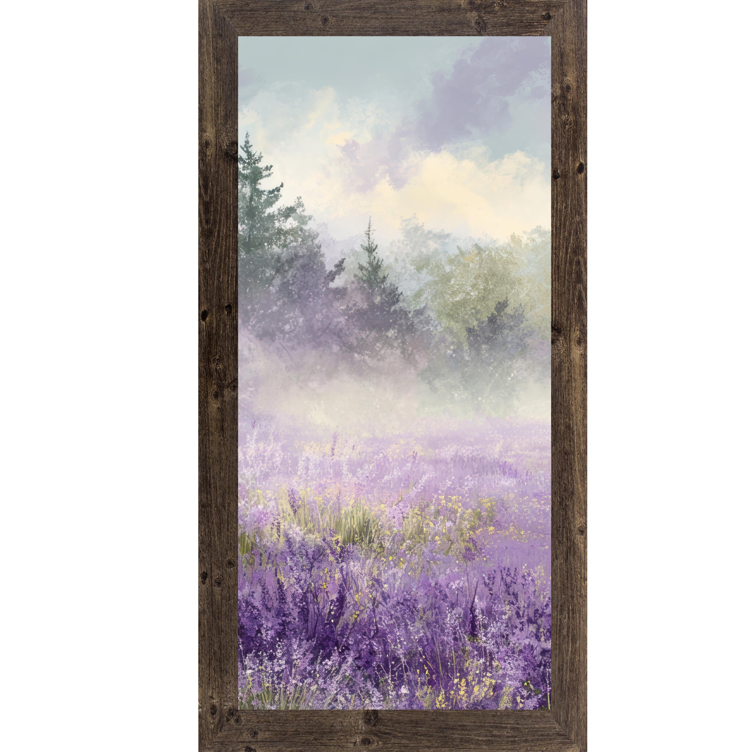Natural brown framed tall portrait floral wall art featuring a misty lavender wildflower field with two dark evergreen trees upper left and golden light breaking through a dramatic violet sky — Lavender Field Left Panel SB746