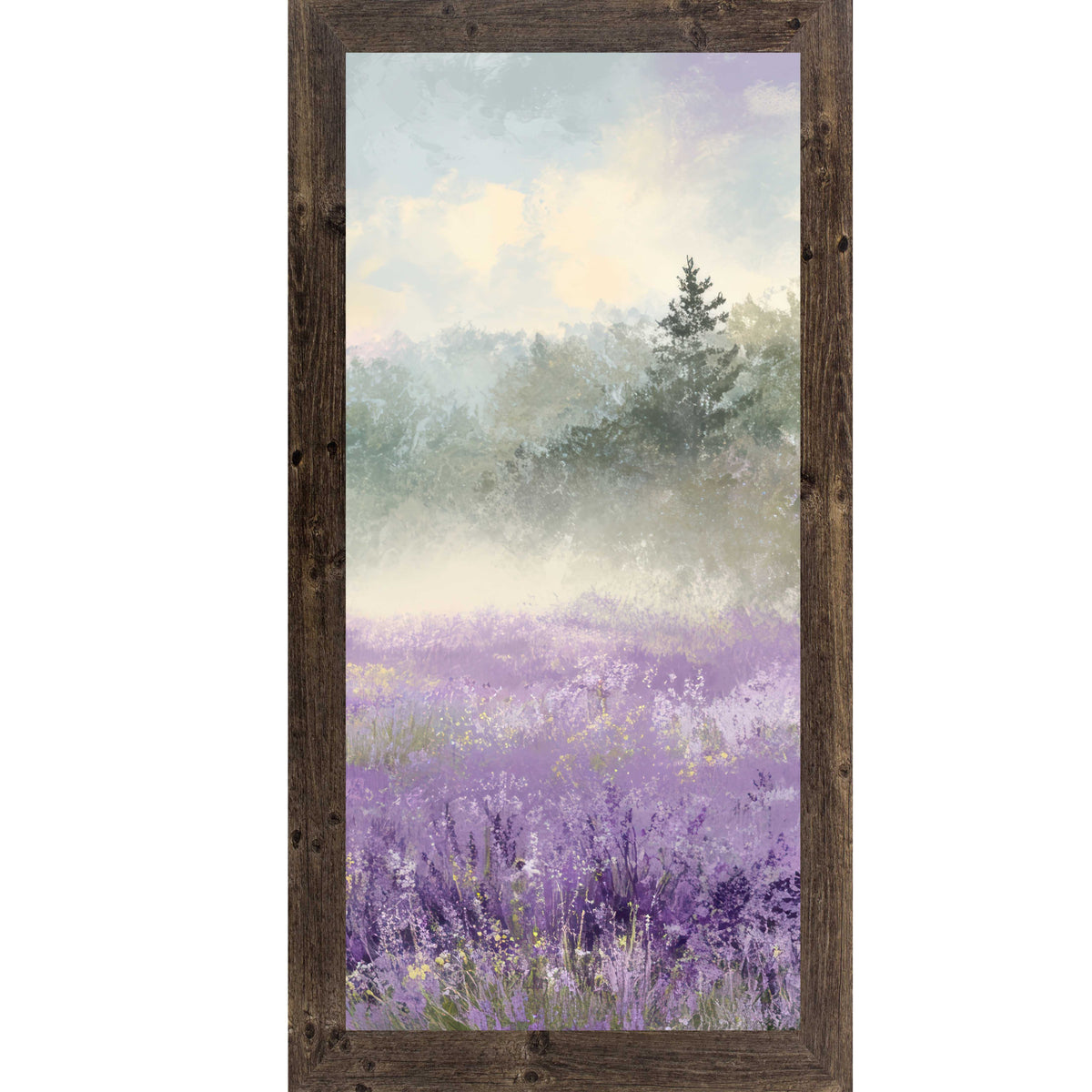 Natural Brown framed tall portrait floral wall art featuring a misty lavender wildflower field with a single dark evergreen tree upper right and warm golden light breaking through a soft blue sky — Lavender Field Right Panel SB747
