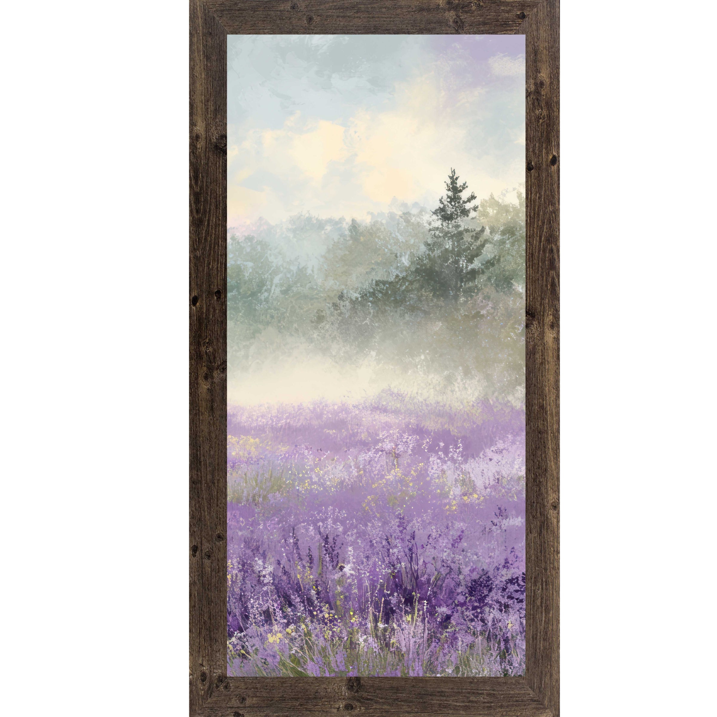 Natural Brown framed tall portrait floral wall art featuring a misty lavender wildflower field with a single dark evergreen tree upper right and warm golden light breaking through a soft blue sky — Lavender Field Right Panel SB747