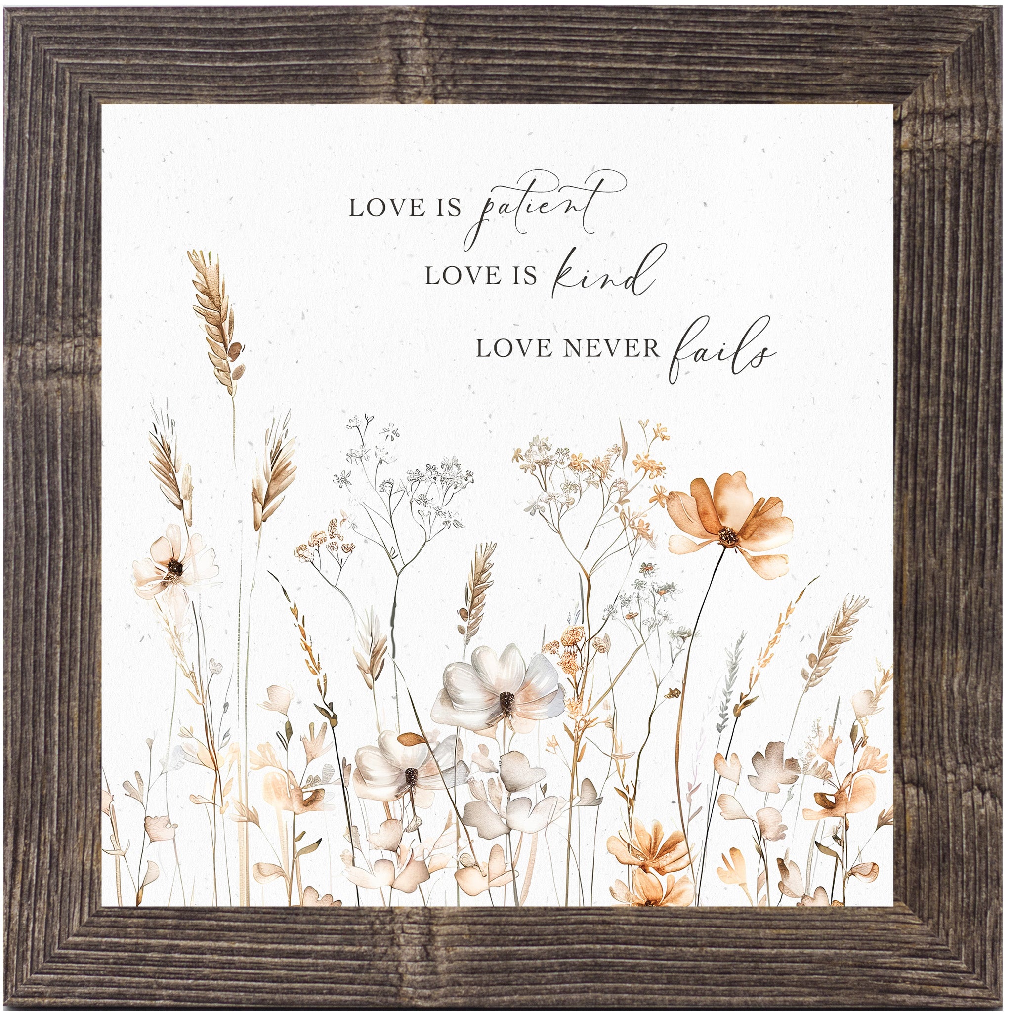 Natural brown framed square pastel floral wall art on white background with petite watercolor peach and white flowers and the quote "Love is Patient Love is Kind Love Never Fails"