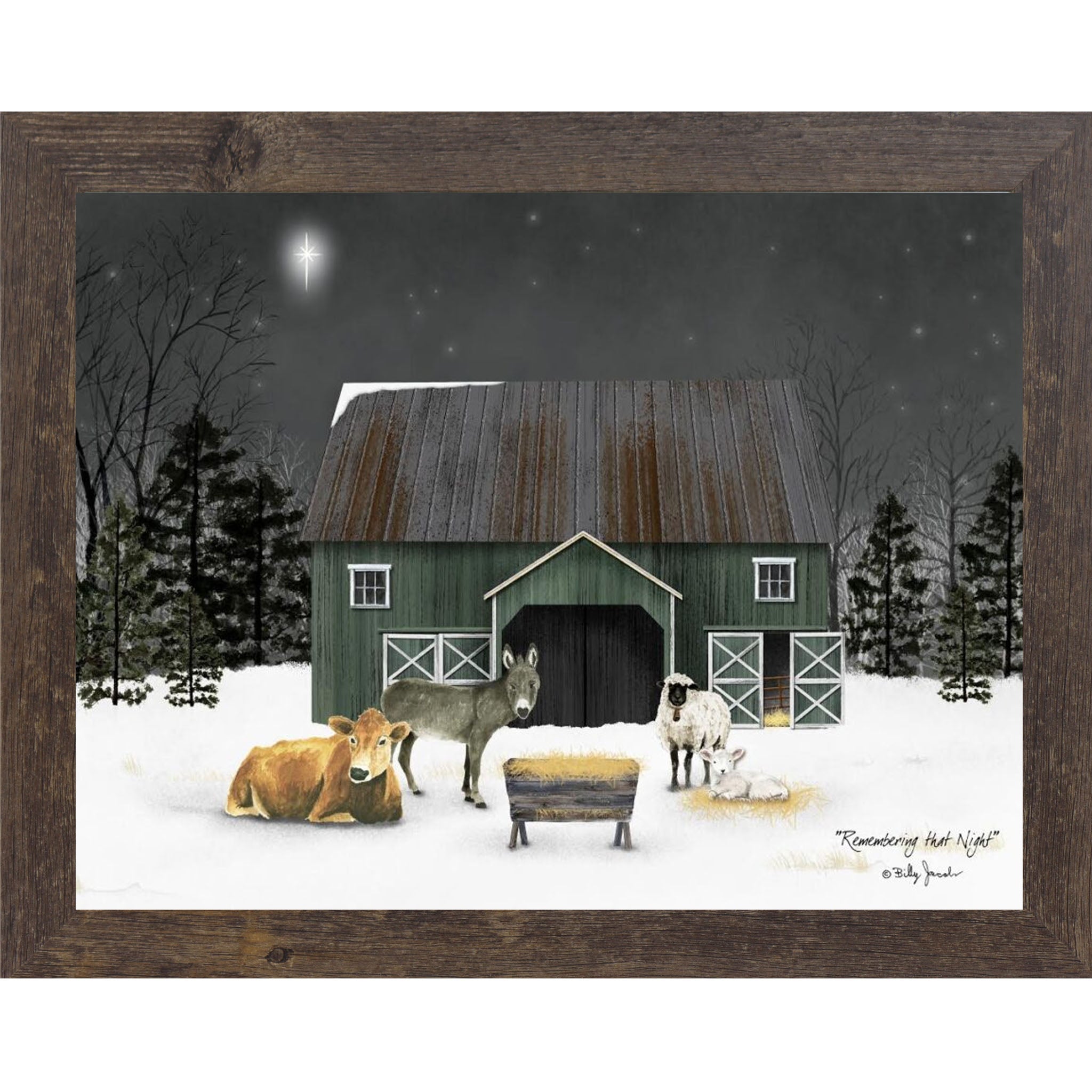 Natural brown framed landscape Billy Jacobs wall art print of a green barn on a snowy Christmas night with a cow, donkey, and sheep gathered under a brilliant star titled "Remembering That Night"