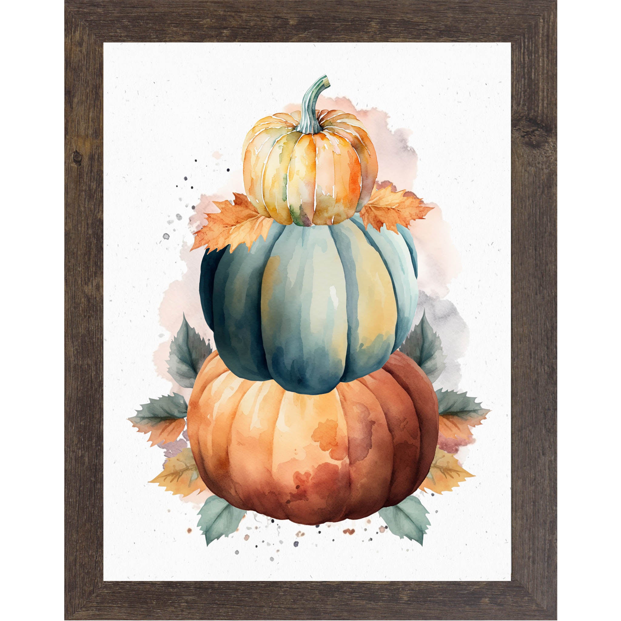 Natural brown framed portrait fall wall art featuring three stacked watercolor pumpkins in bold orange teal and golden yellow with amber green and rust fall leaves on soft white background — NS393
