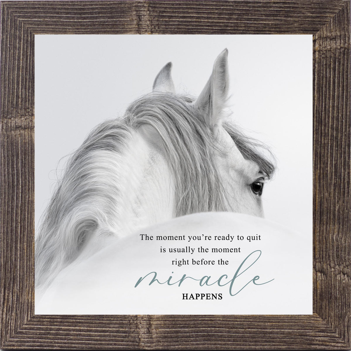Natural brown framed square white horse inspirational wall art with the quote "The Moment You're Ready to Quit Is Usually the Moment Right Before the Miracle Happens"