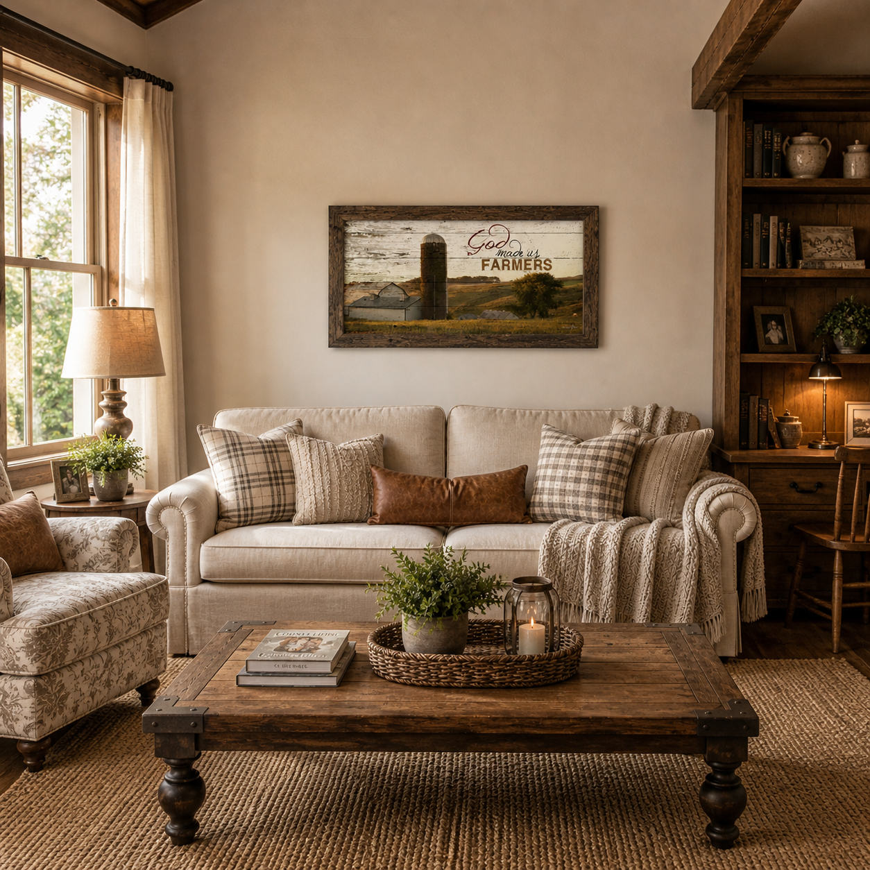 Natural brown framed wide panoramic farmhouse wall art featuring God Made Us Farmers with white barn and silo on rolling golden hills displayed as a large 28x16 statement piece above a cream sofa in a cozy farmhouse living room with plaid pillows jute rug and wood beam ceiling