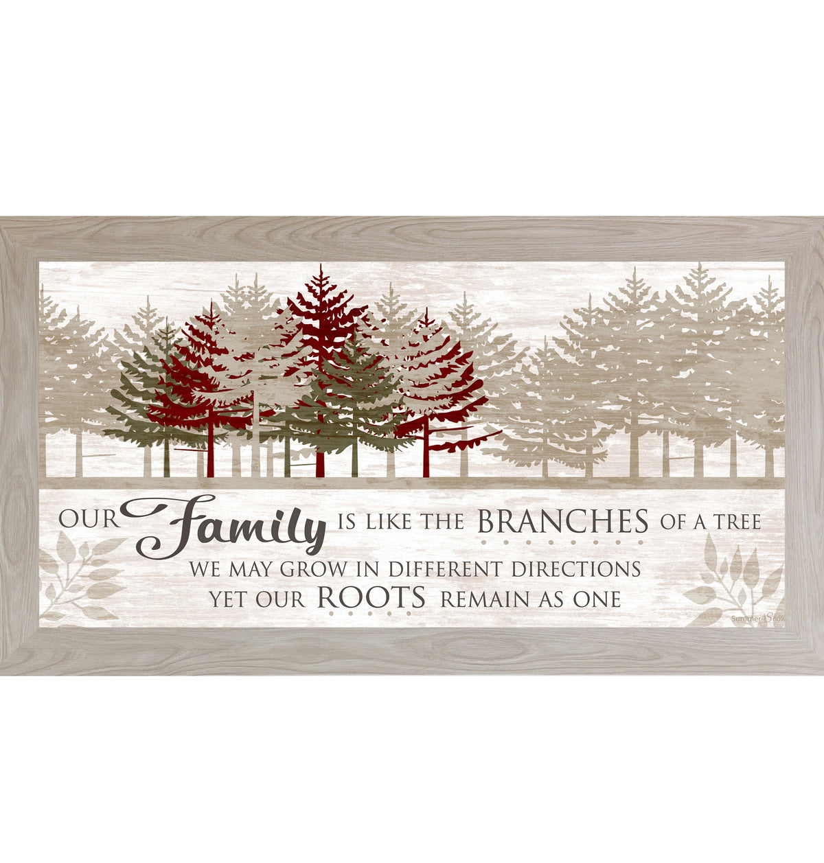 Framed family wall art with the quote “Our family is like the branches of a tree,” featuring layered woodland trees in warm neutral tones on a wood grain background.