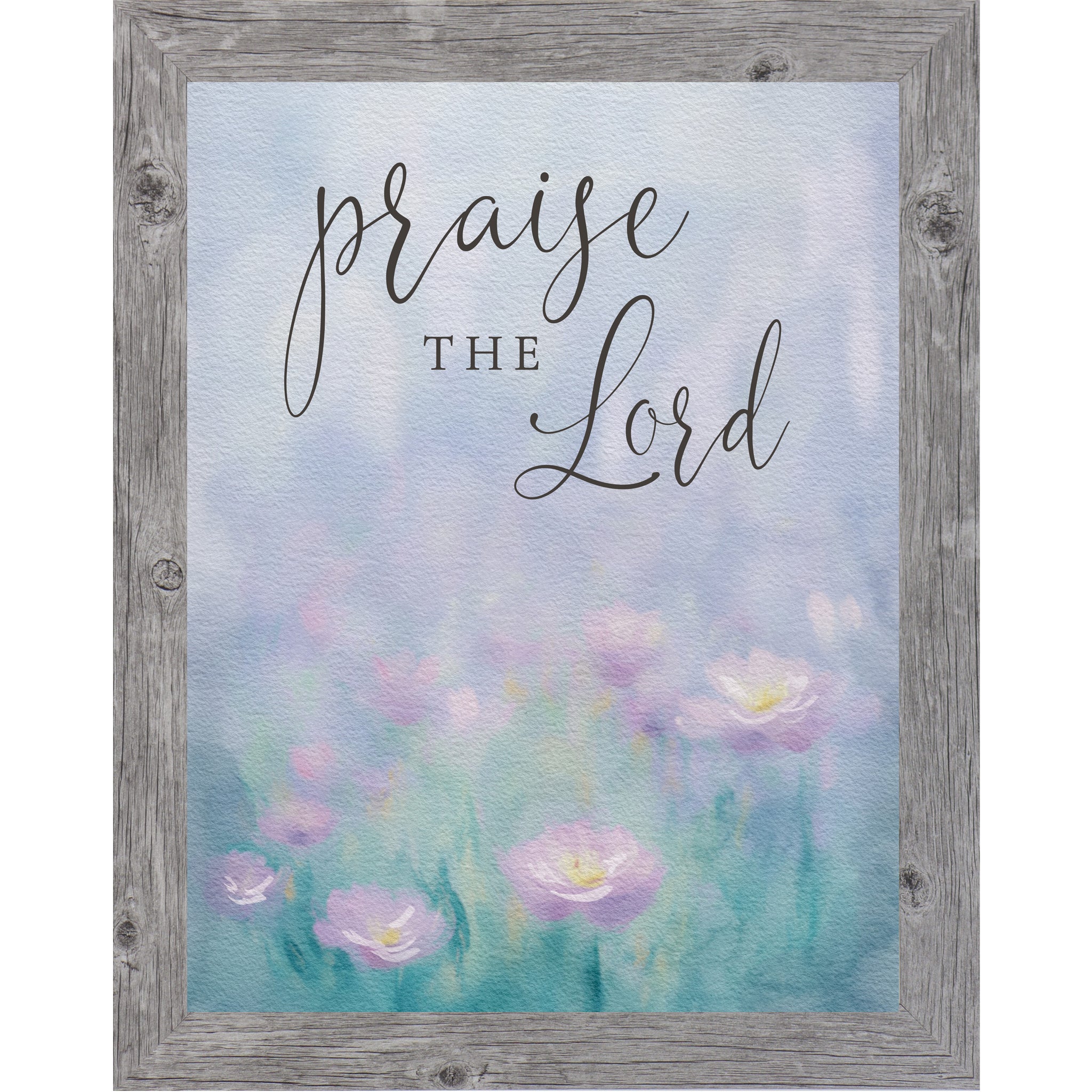 Soft watercolor Christian wall art featuring the phrase “Praise the Lord” above a hazy floral meadow in pastel tones
