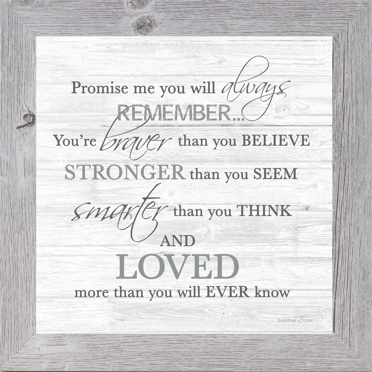 Inspirational framed wall art featuring Promise Me quote Braver Stronger Smarter on a neutral rustic background, meaningful encouragement decor