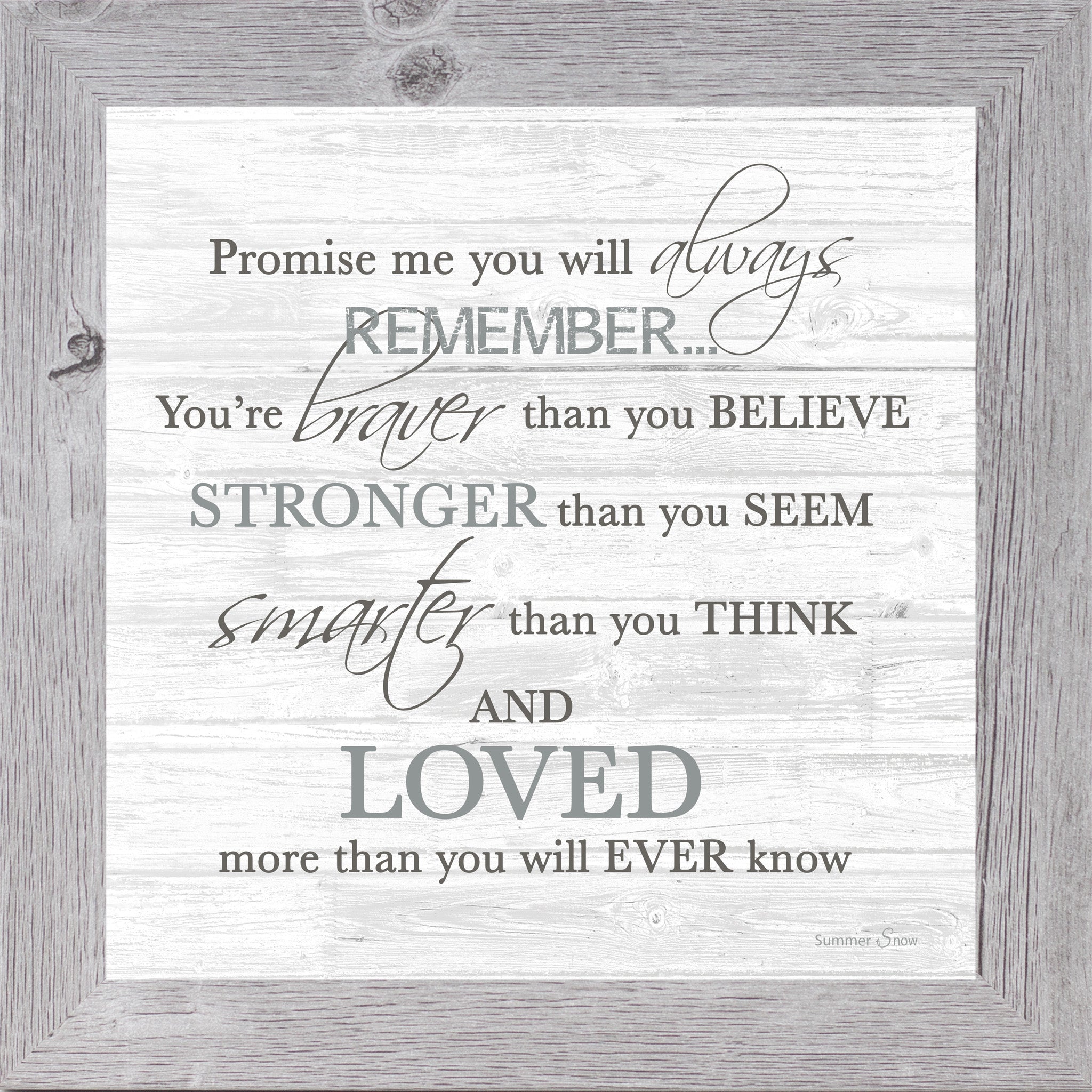 Inspirational framed wall art featuring Promise Me quote Braver Stronger Smarter on a neutral rustic background, meaningful encouragement decor