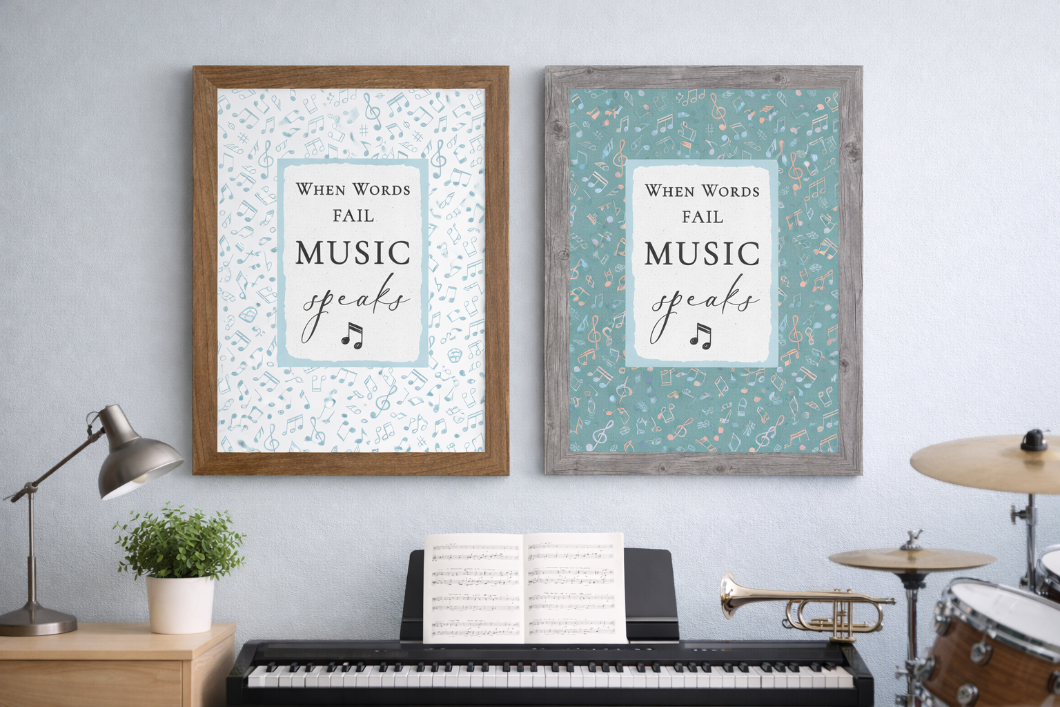 When Words Fail Music Speaks framed wall art with green and blue musical notes on a white background, OR the opposite! Inspirational music quote decor for music classrooms and studios.