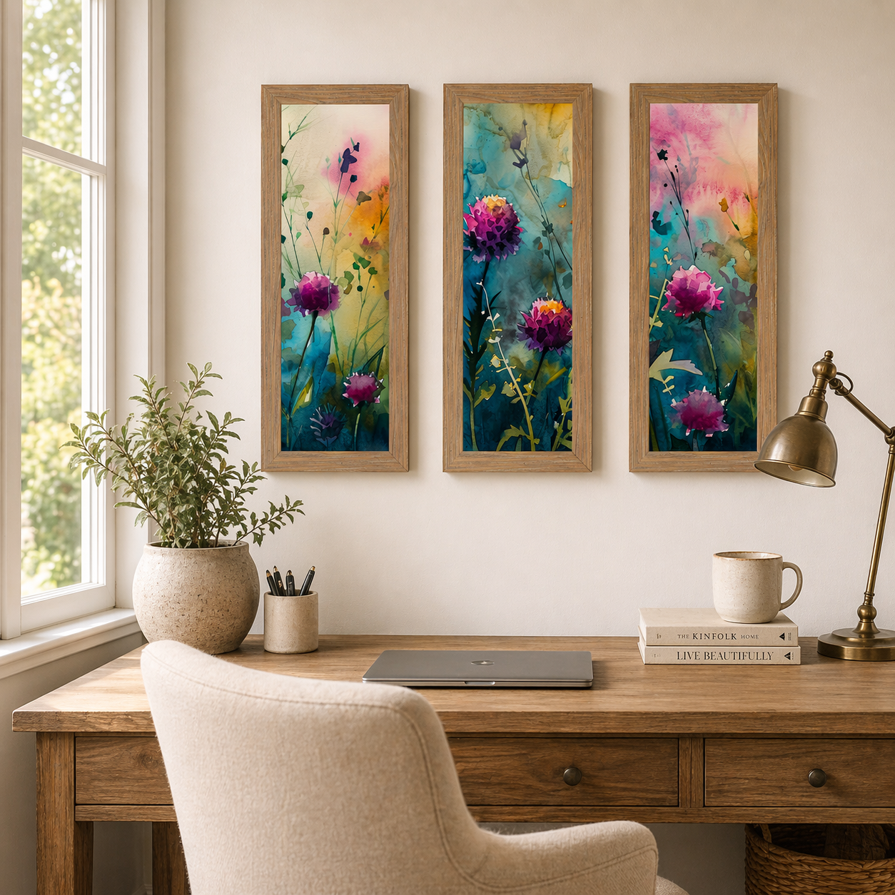 Farmtable color framed teal wildflower watercolor triptych wall art with three narrow portrait panels displaying magenta and purple wildflower blooms above a wooden desk in a bright home office (Listing is center picture)