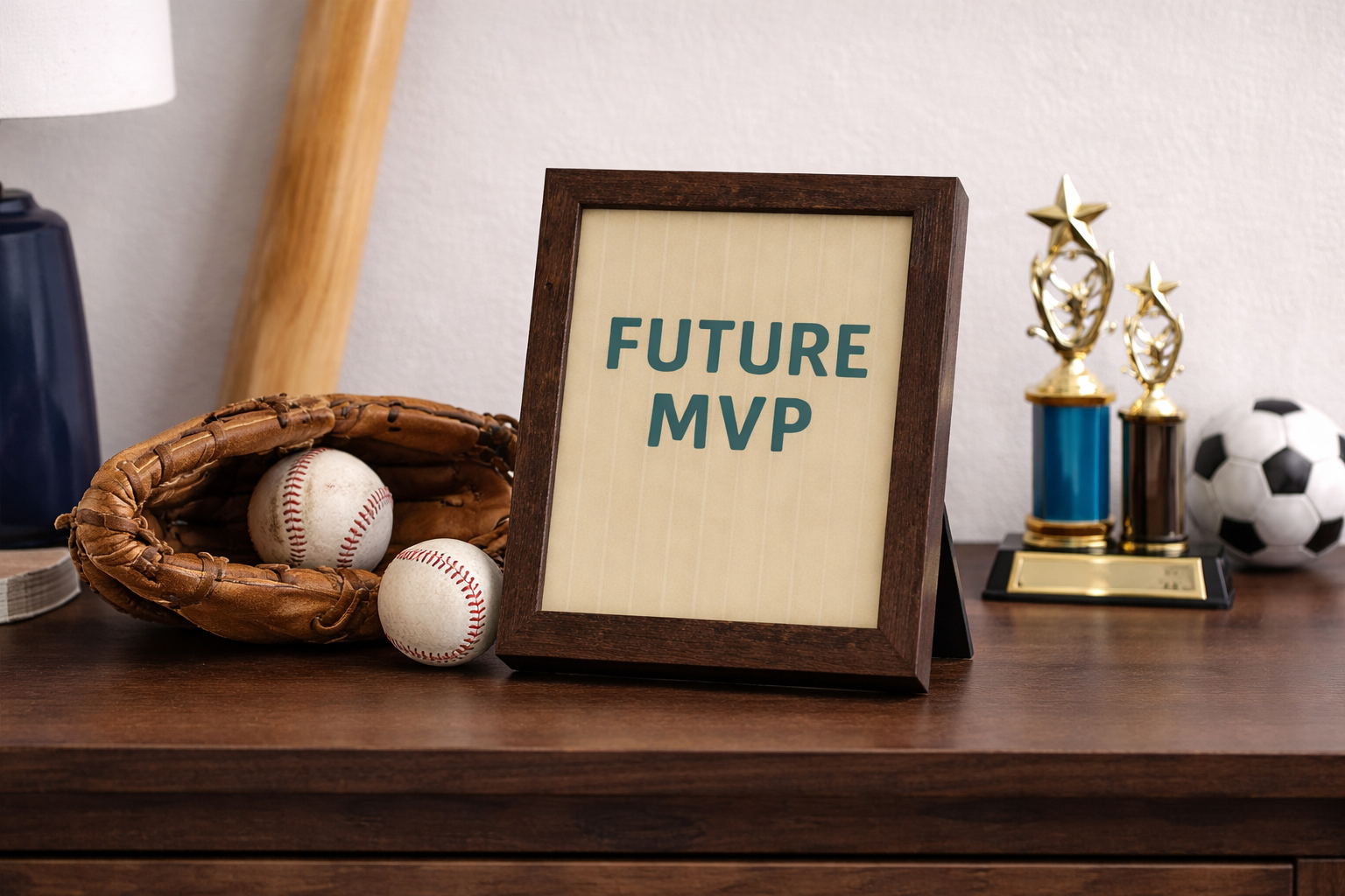 Room Setting for Natural Brown color Framed sports nursery wall art reading Future MVP on striped baseball inspired background for boys room or sports themed nursery.