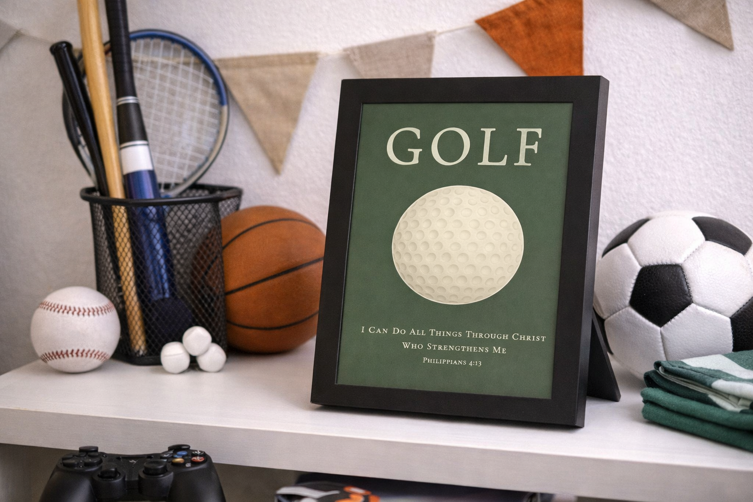Black color framed Christian golf wall art featuring a golf ball with the Bible verse Philippians 4:13 on a green background. Sitting on a kids shelf