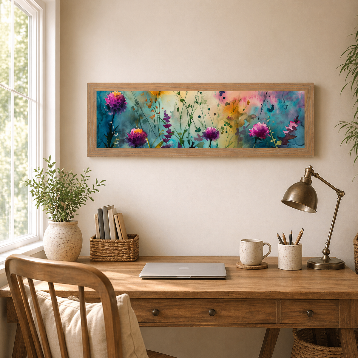 Farmtable framed wide landscape teal wildflower watercolor wall art with purple and magenta blooms displayed above a wooden desk in a bright home office with warm neutral decor