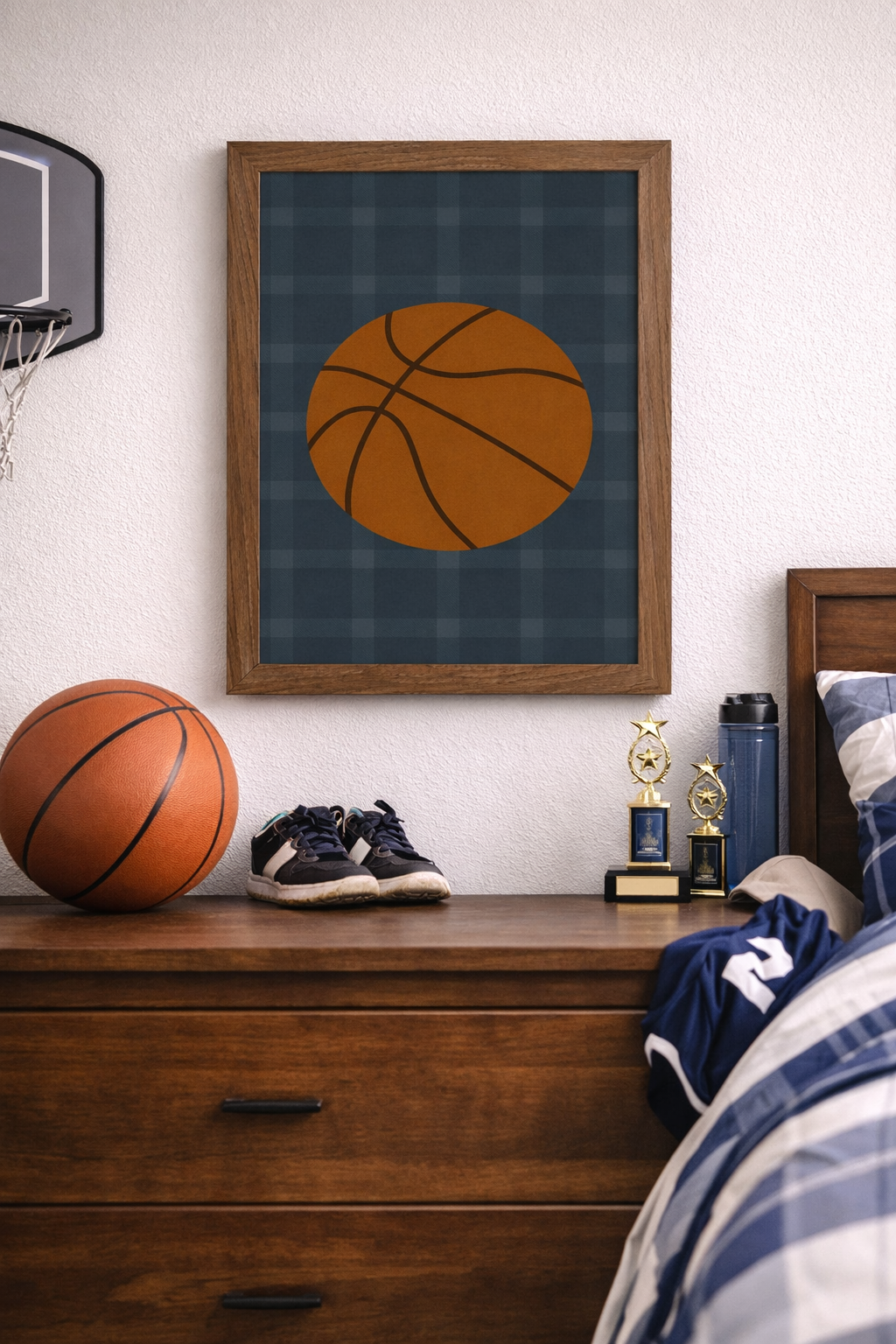 Kids room with Basketball wall art featuring a large basketball illustration on a blue green plaid background designed for boys sports rooms or basketball themed nurseries. Farmtable color frame.