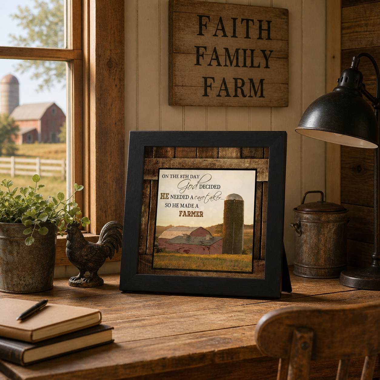 Black framed square farmhouse wall art displayed on easel back on a rustic wooden desk in a farm home office with rooster figurine galvanized buckets and red barn visible through window showing On The 8th Day God Made A Farmer quote over red barn and silo