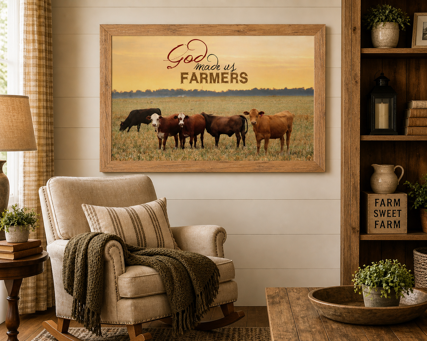 Farmtable framed horizontal farmhouse landscape wall art displayed in a cozy farmhouse living room above a rocking chair with olive throw blanket and shiplap walls showing God Made Us Farmers with cattle grazing in a golden field at sunset