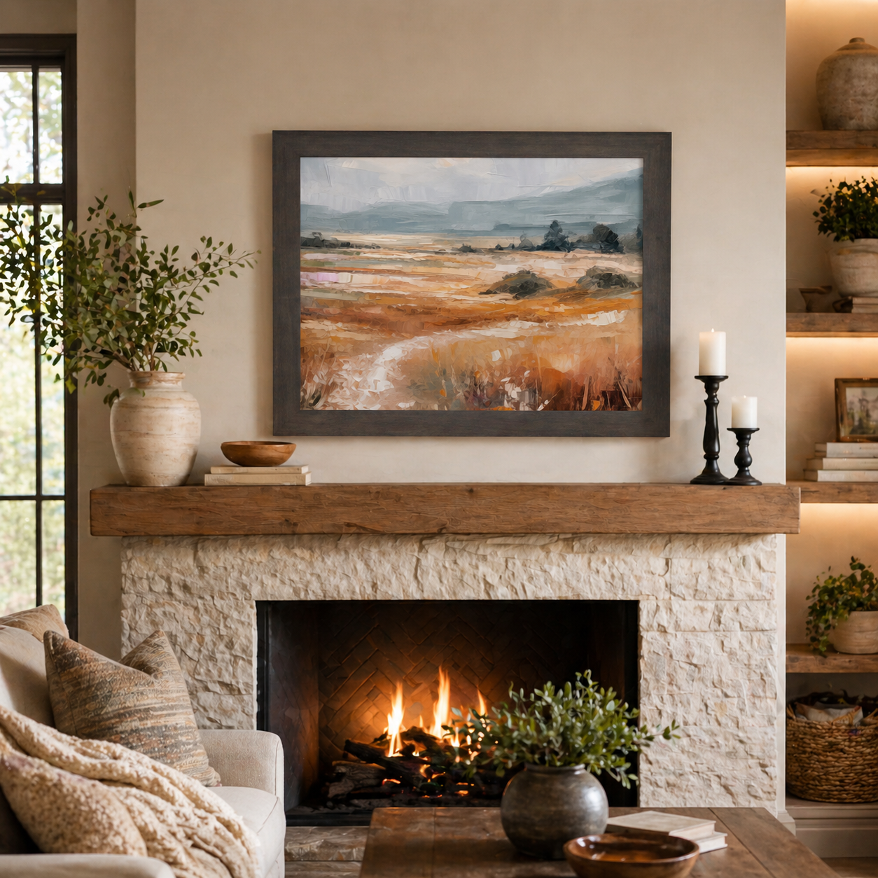 Slatewood framed landscape abstract terracotta wall art displayed above a stone fireplace with roaring fire in a warm farmhouse living room with wooden mantle candles and styling shelves showing warm amber orange field dark trees and dramatic blue-grey sky
