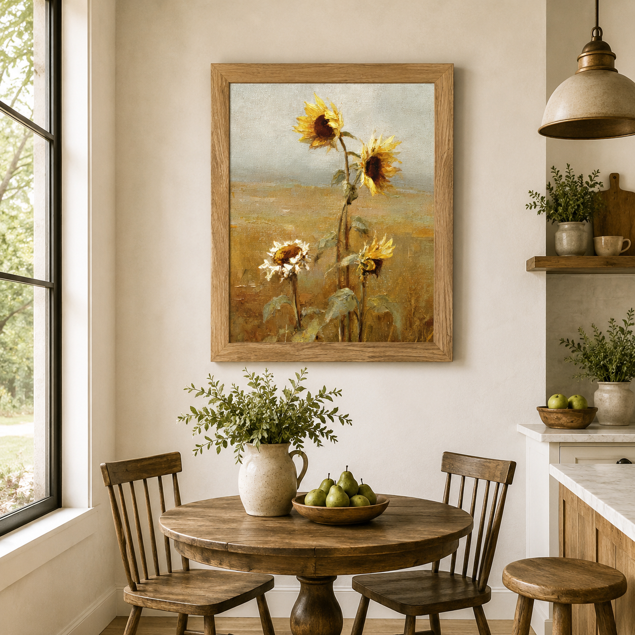 Farmtable framed vertical farmhouse wall art featuring four sunflowers in expressive oil painting style displayed as a large 26x32 statement piece above a round pedestal dining table in a bright modern farmhouse kitchen with spindle chairs marble counter and open shelving