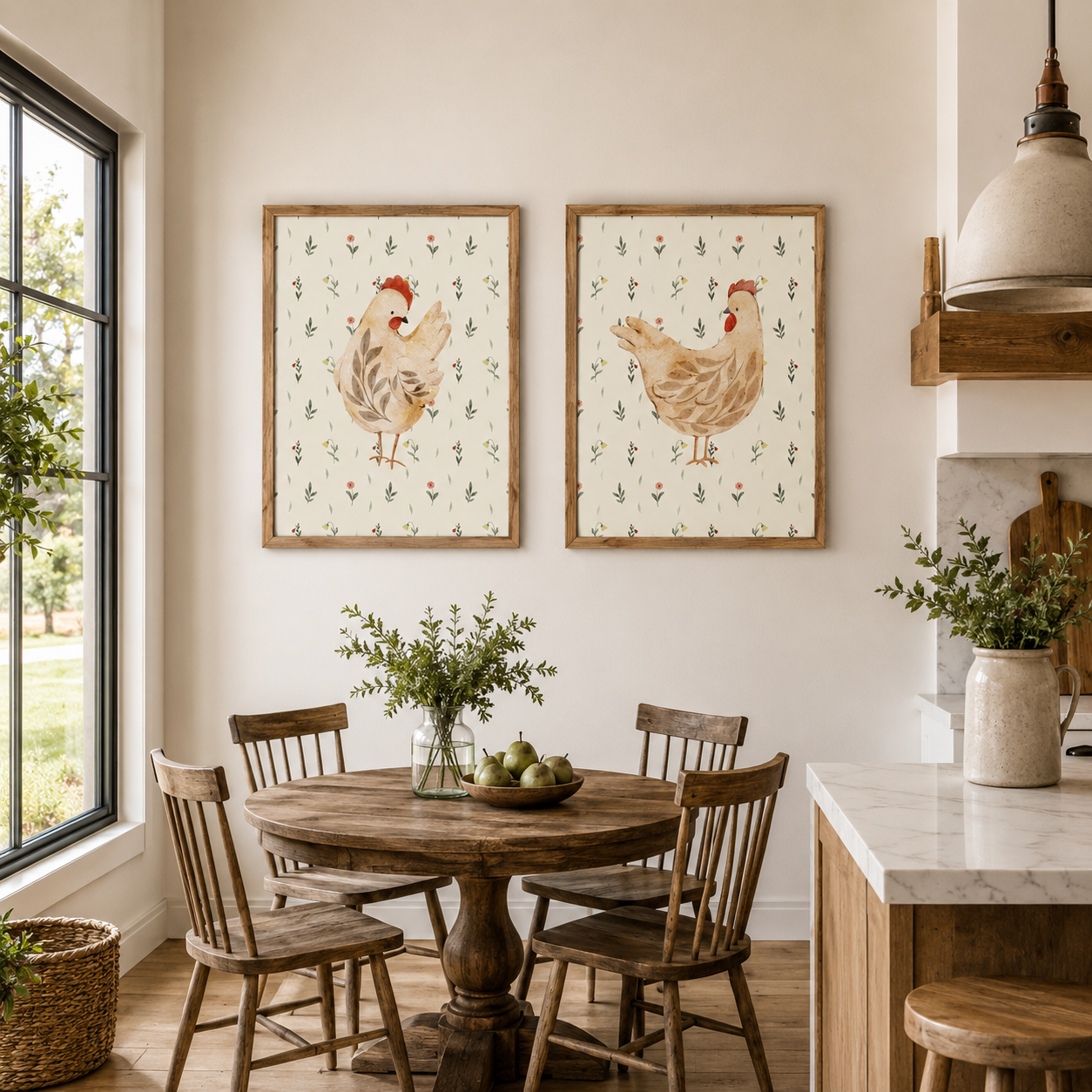 Farmtable framed vertical farmhouse wall art set featuring watercolor cream and golden farmhouse hens displayed as a matched pair at 20x26 in a bright modern farmhouse kitchen dining nook with round pedestal table marble island and orchard view window (Left Listing)