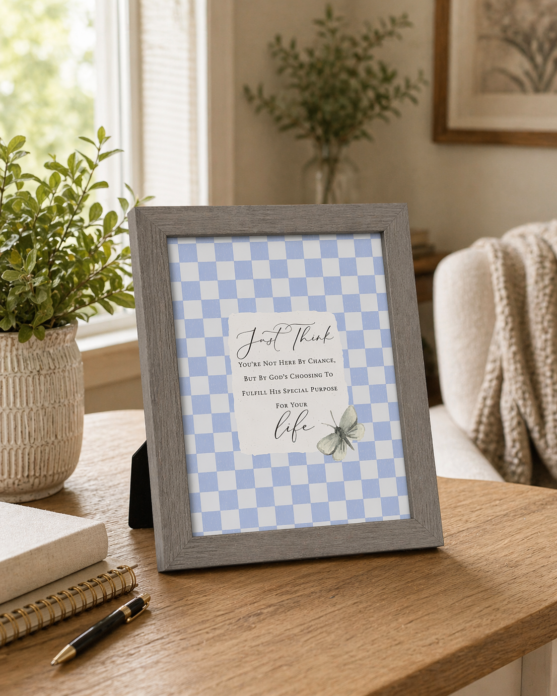 Just Think You're Not Here By Chance Wall Art – Blue Checkered Christian Inspirational Decor (SB236)