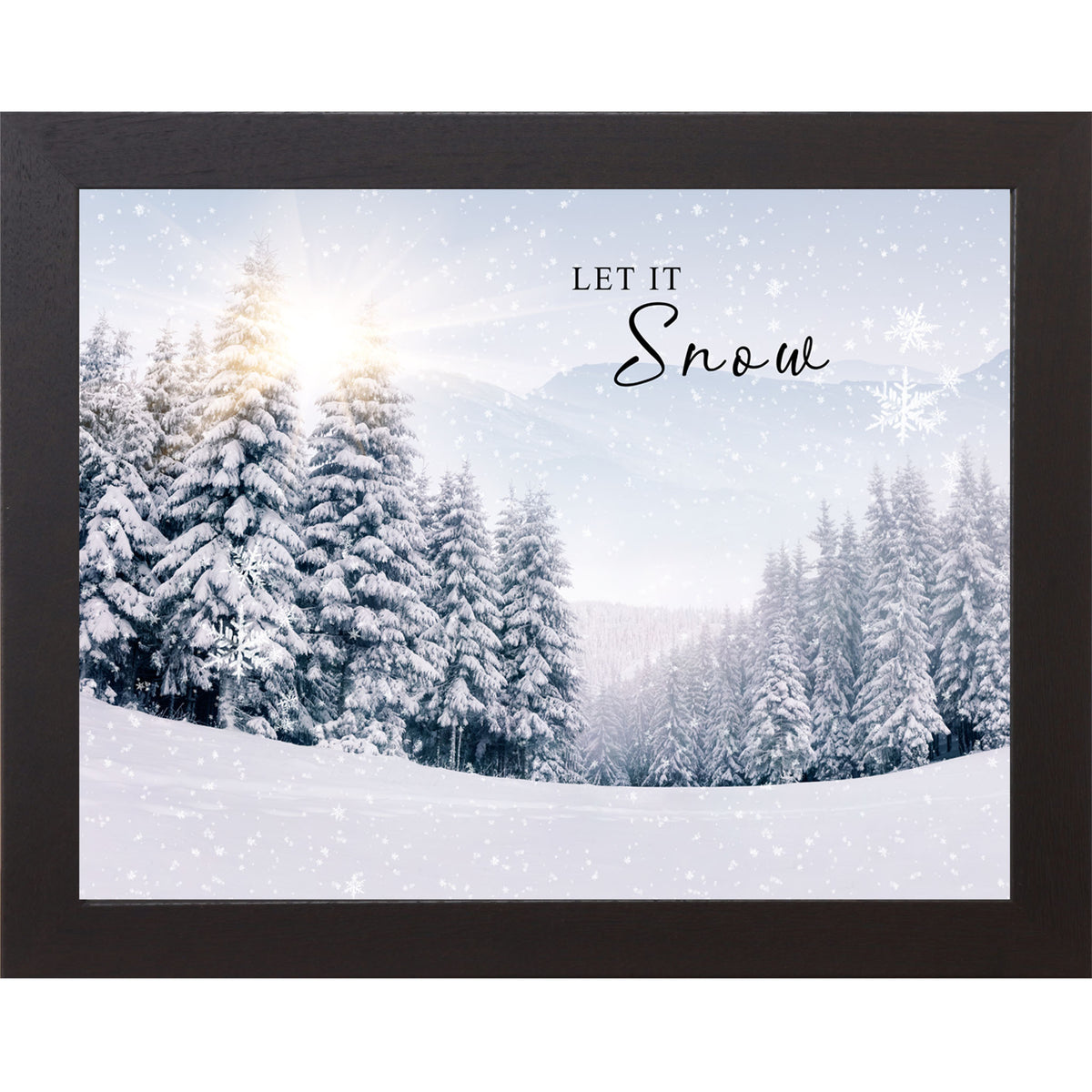 Framed winter art with snowy field, evergreen woods, snowy mountains, sunrise, and multiple quote options or no words