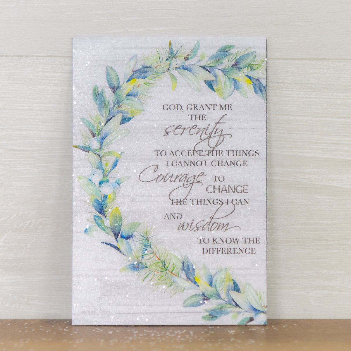 Serenity Prayer magnet – 4x6 vertical slated wood background with green leafy branch and full serenity prayer text, glittered acrylic finish