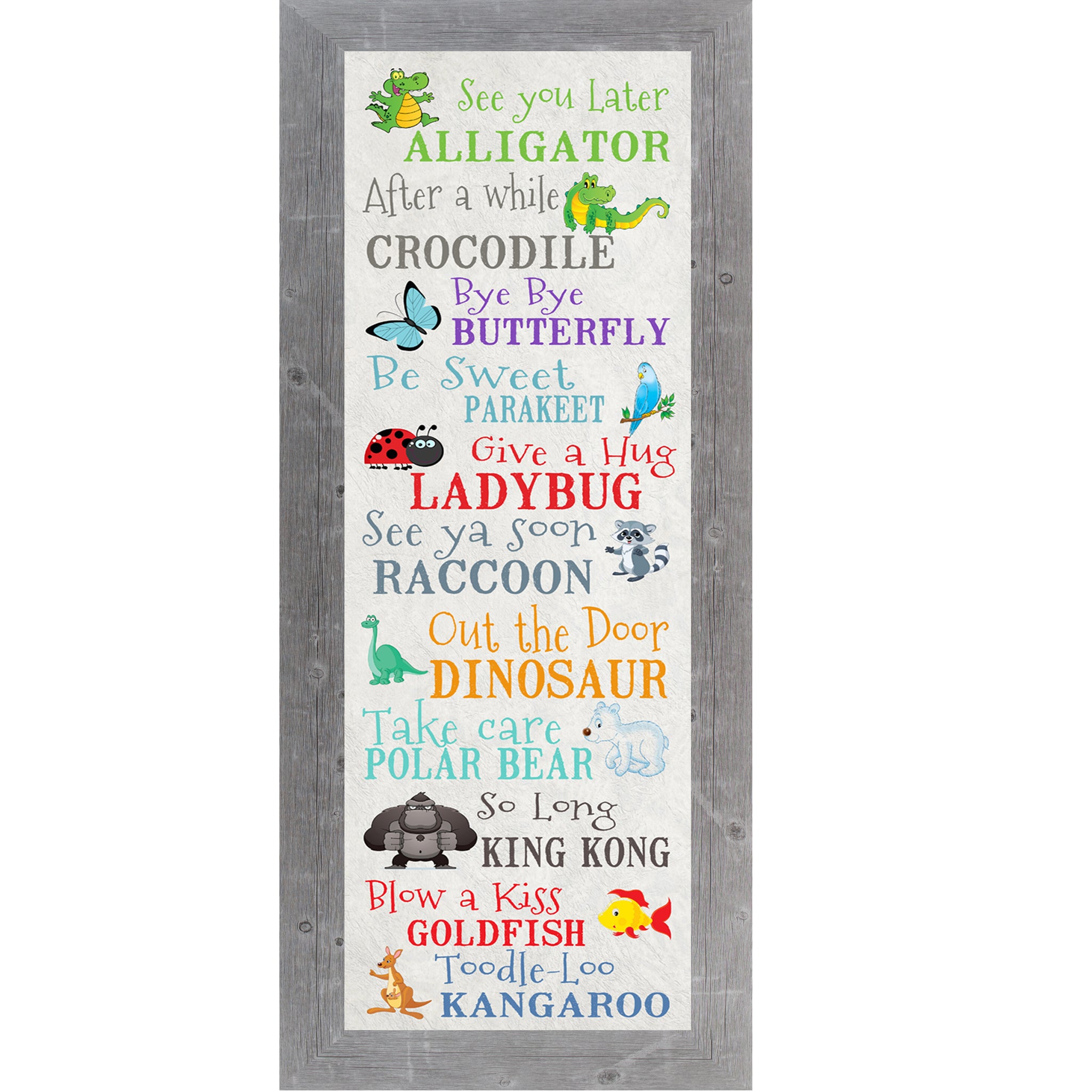 Playful framed wall art featuring See You Later Alligator phrase with whimsical animal design, fun kids room and nursery decor in vertical format