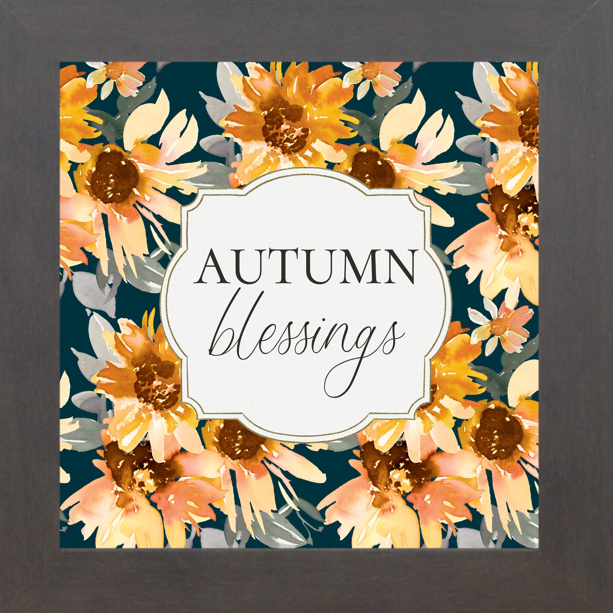 Slatewood framed square fall wall art featuring watercolor sunflowers in gold orange and peach on deep navy teal background with the words "Autumn Blessings" — SB307