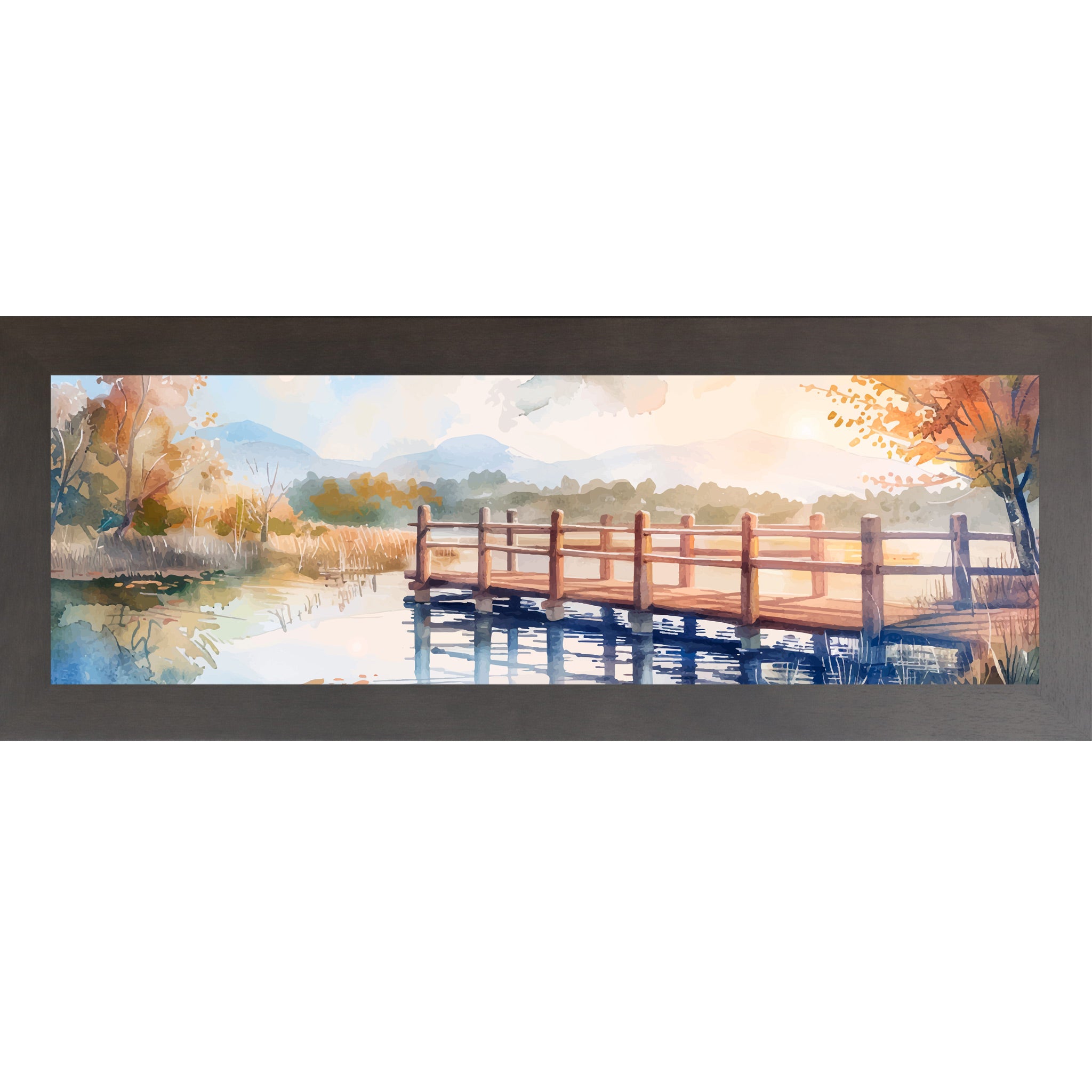 Slatewood framed wide panoramic scenic wall art featuring a watercolor autumn bridge over still lake water with golden sunburst amber autumn trees and misty mountains