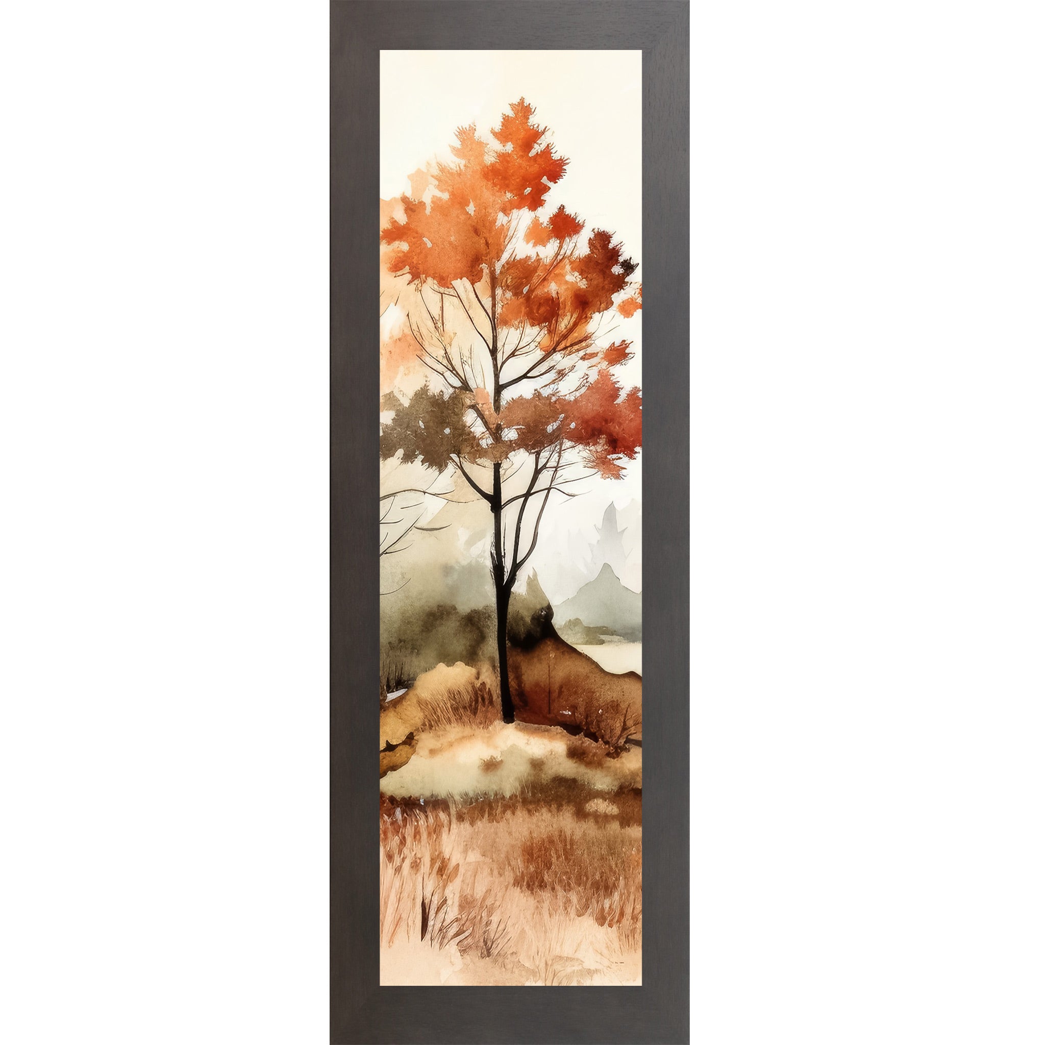 Slatewood framed narrow portrait fall wall art featuring a single autumn tree in loose watercolor style with burnt orange canopy misty mountains and golden grasses