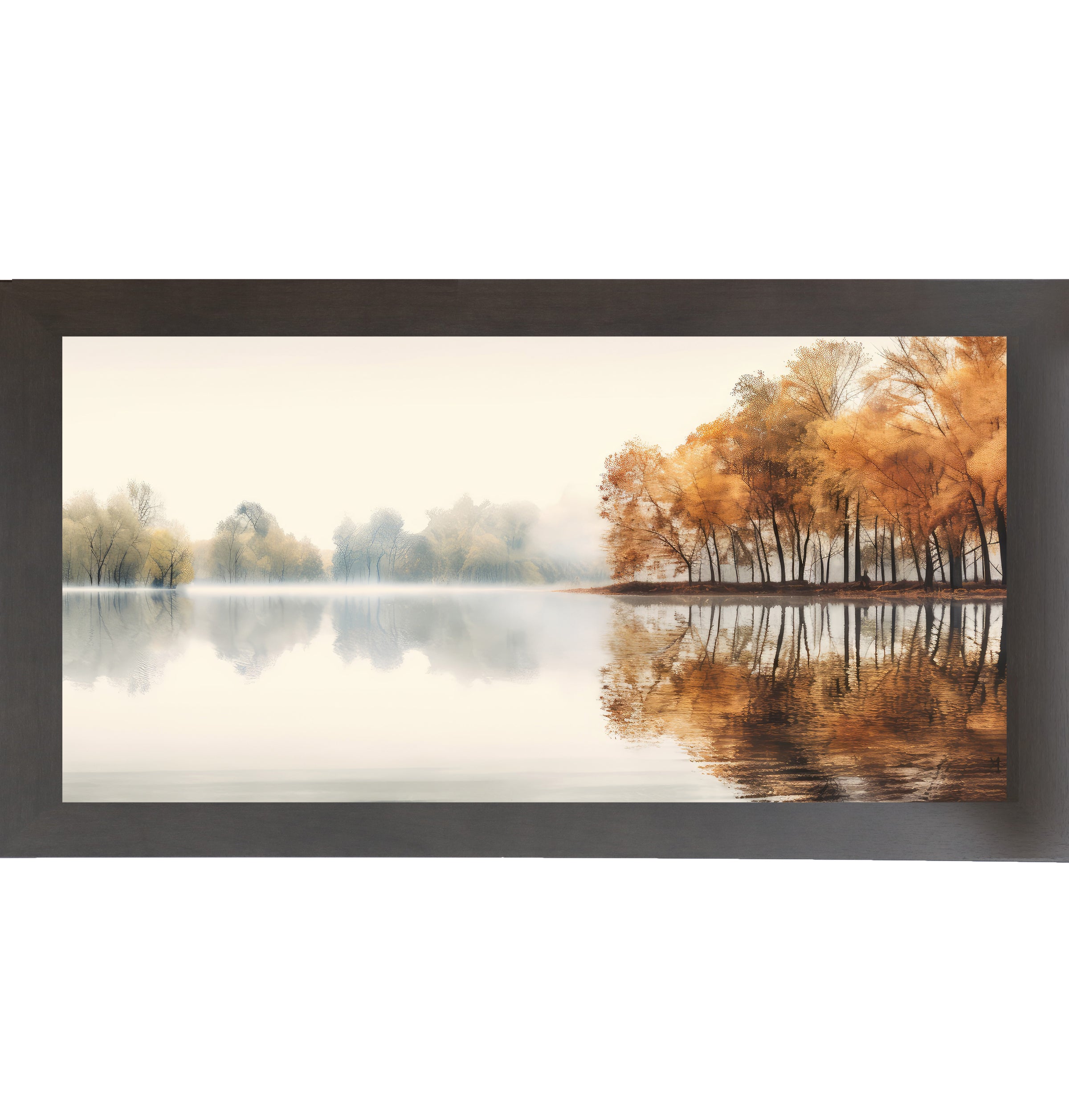 Slatewood framed wide landscape fall wall art featuring a misty autumn lake with amber and copper trees reflecting perfectly in still glassy water — Autumn's Mirror NS620