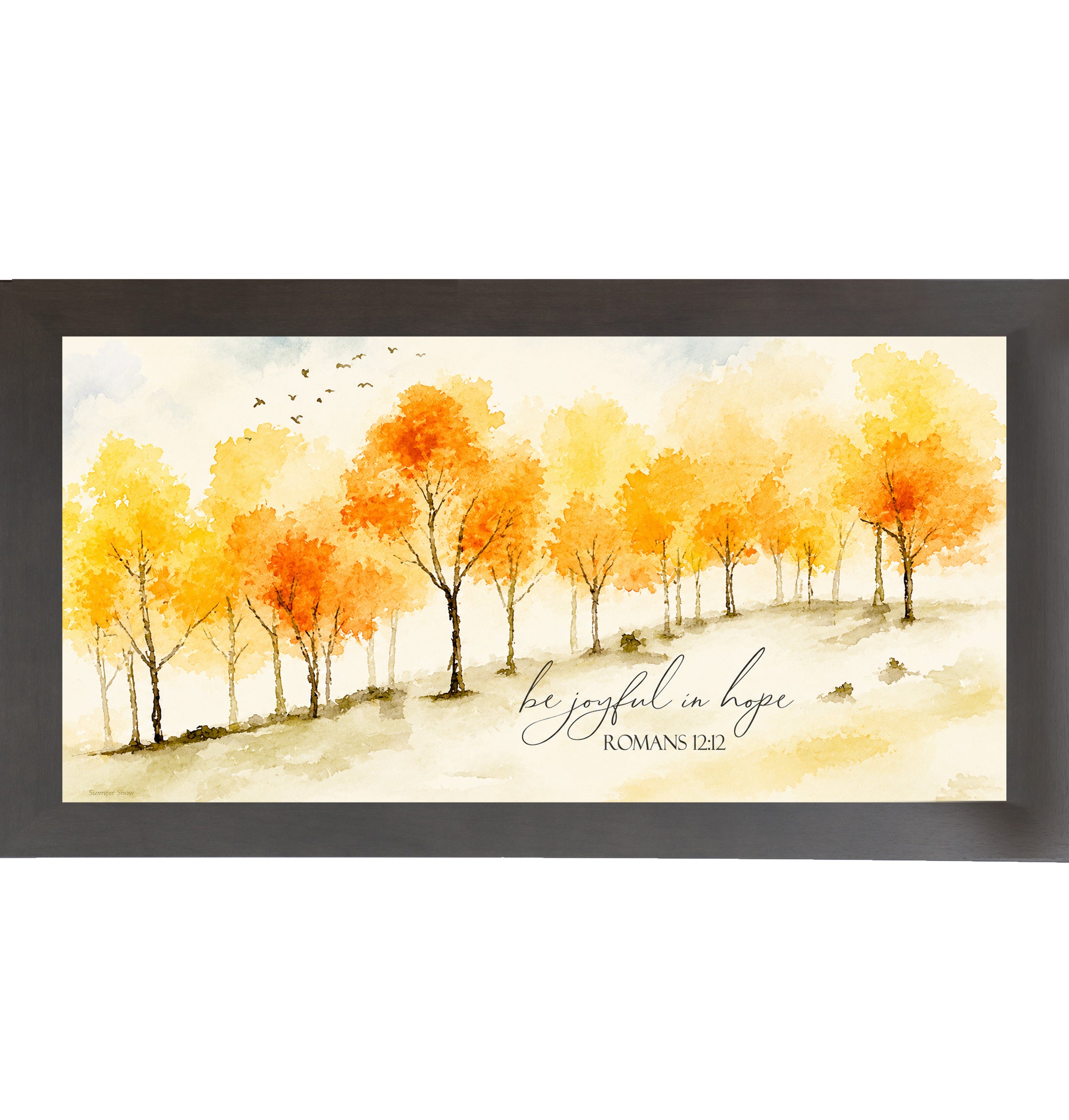 Slatewood framed wide landscape Christian scripture wall art featuring watercolor golden orange and yellow autumn trees with birds in flight and the words Be Joyful In Hope Romans 12:12 in elegant script on warm cream background — SN704