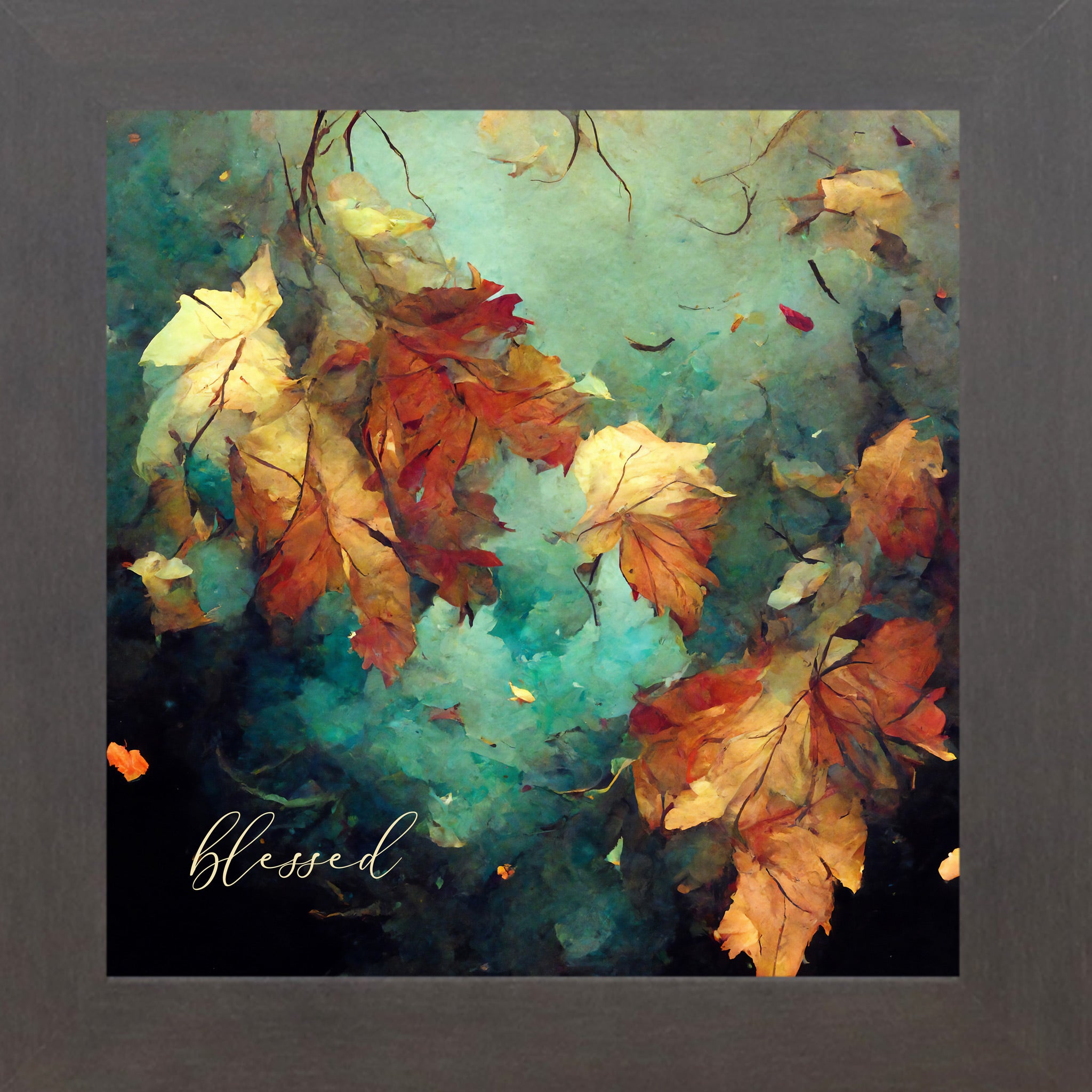 Slatewood framed square fall wall art featuring teal watercolor autumn maple leaves in amber and burnt orange with the word "blessed" in gold script — Blessed SB305