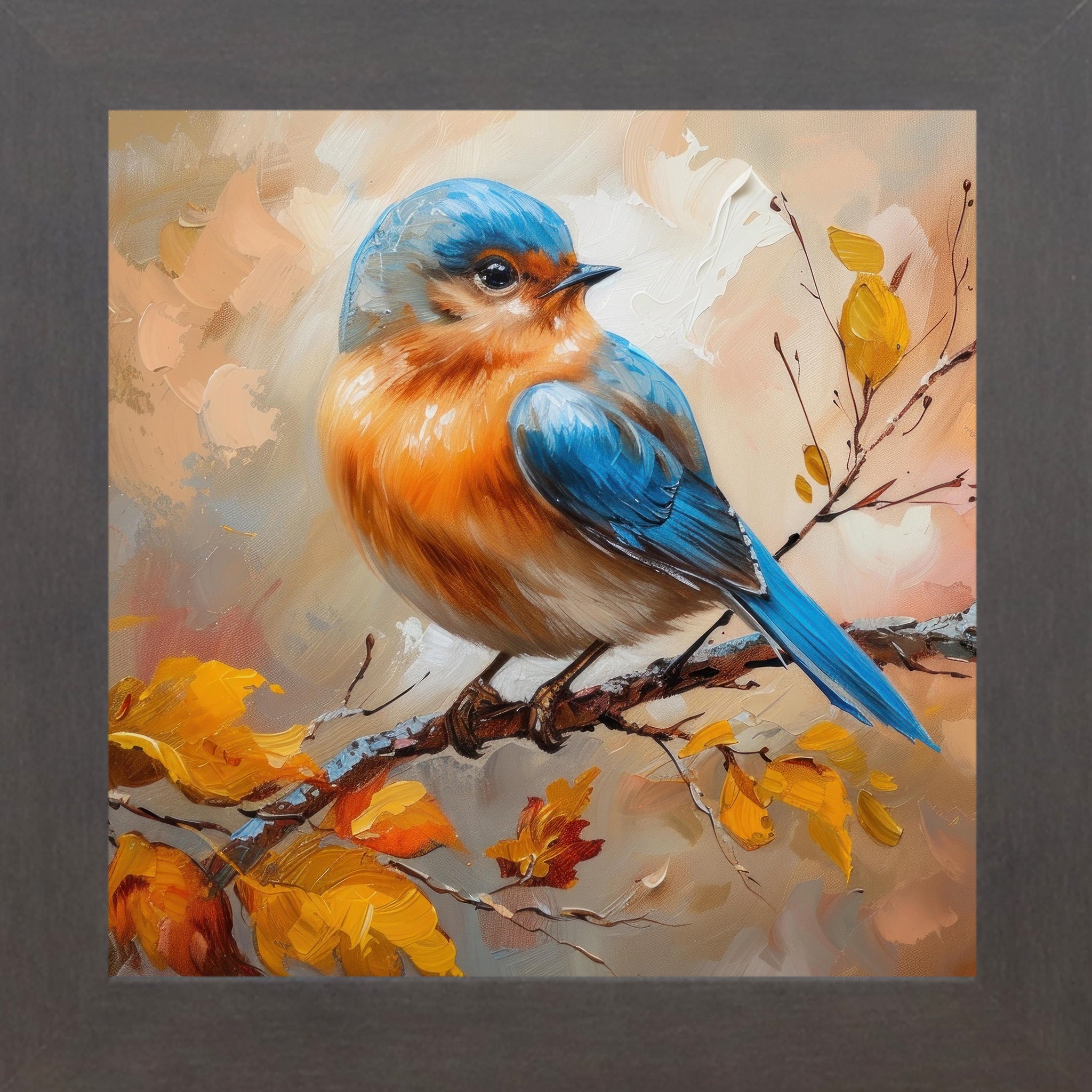 Slatewood framed square bluebird autumn wall art featuring vivid blue orange and cream bluebird in oil painted impasto style perched on autumn branch with golden amber and rust fall leaves on warm peach background — NS27