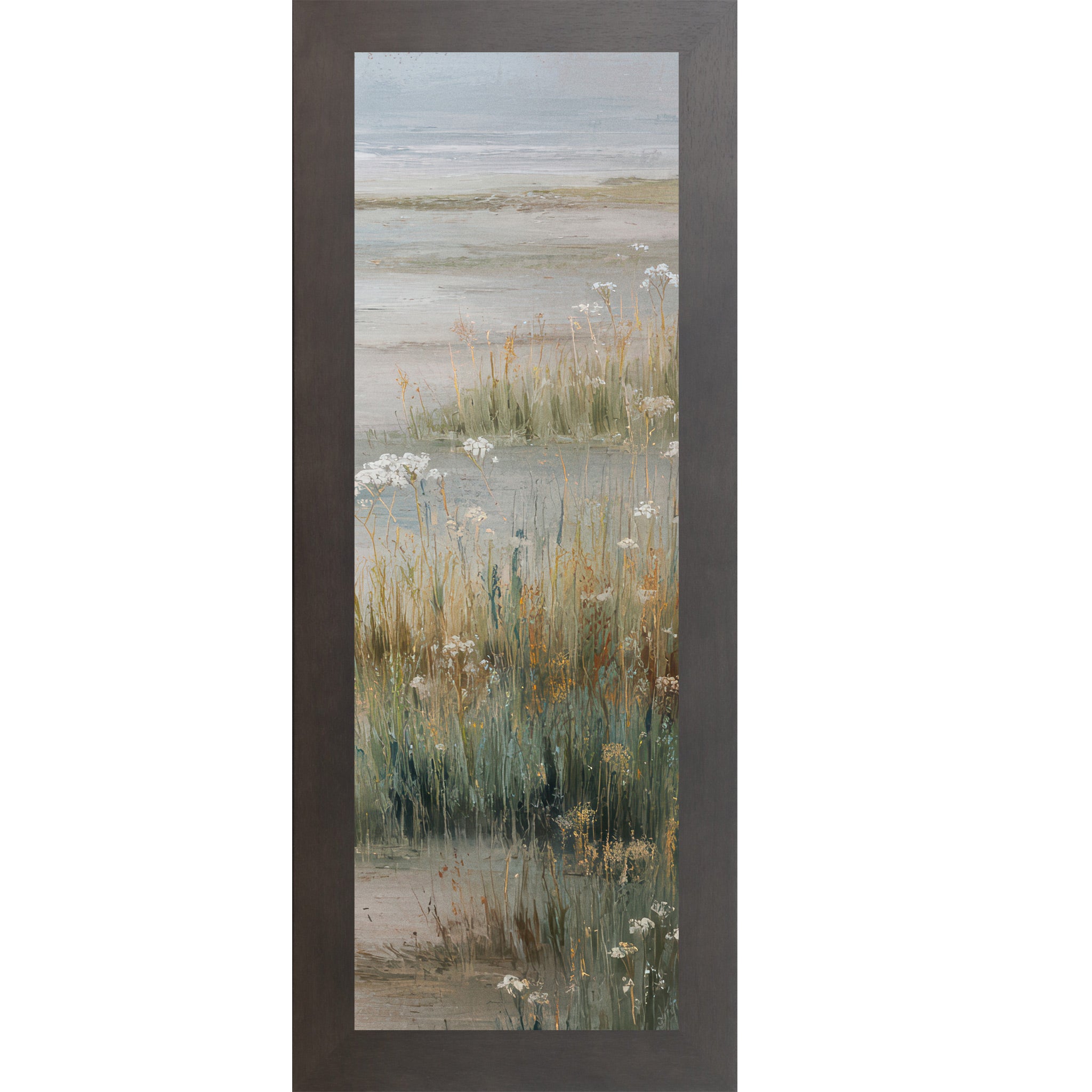 Slatewood framed landscape coastal marsh wall art with deep teal marsh grasses golden wildflowers white Queen Anne's Lace and misty tidal flat — right panel of coastal triptych