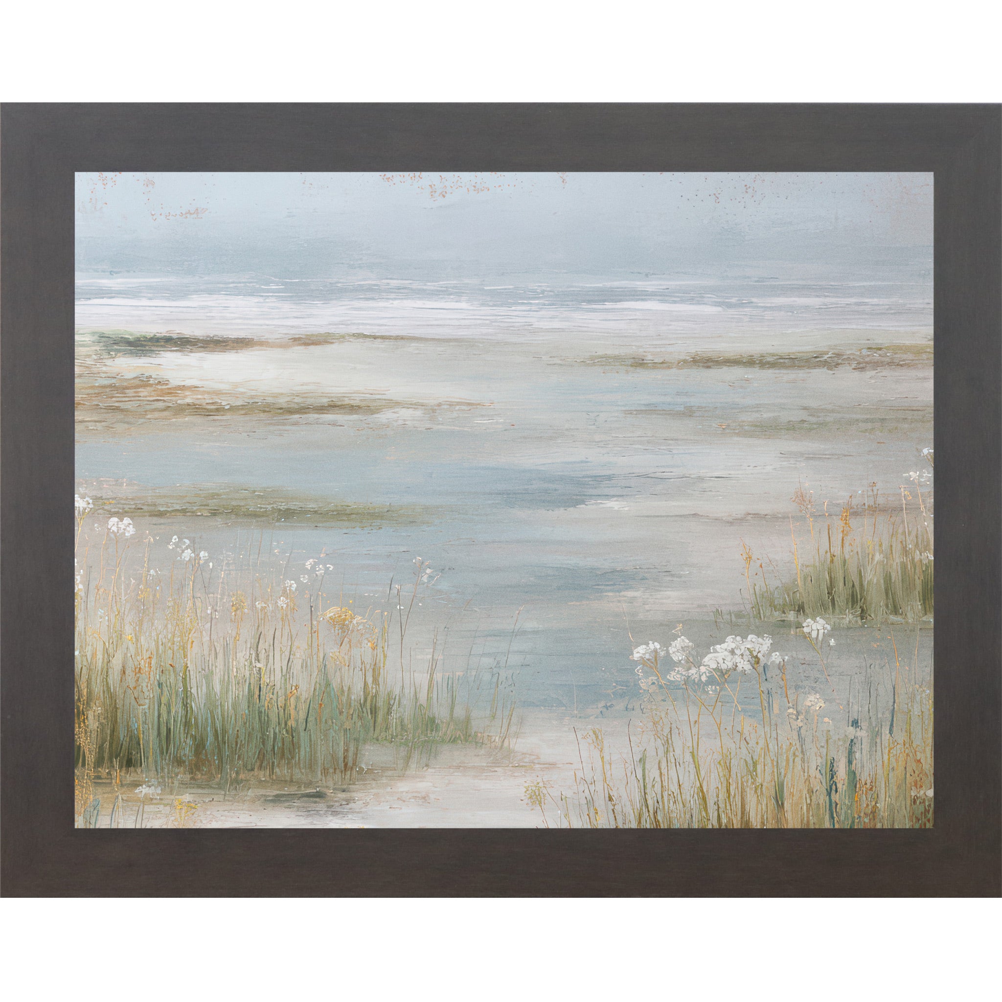 Slatewood framed landscape coastal marsh wall art with tall tidal grasses Queen Anne's Lace wildflowers and misty steel blue tidal flats — neutral painterly wetland scenic decor