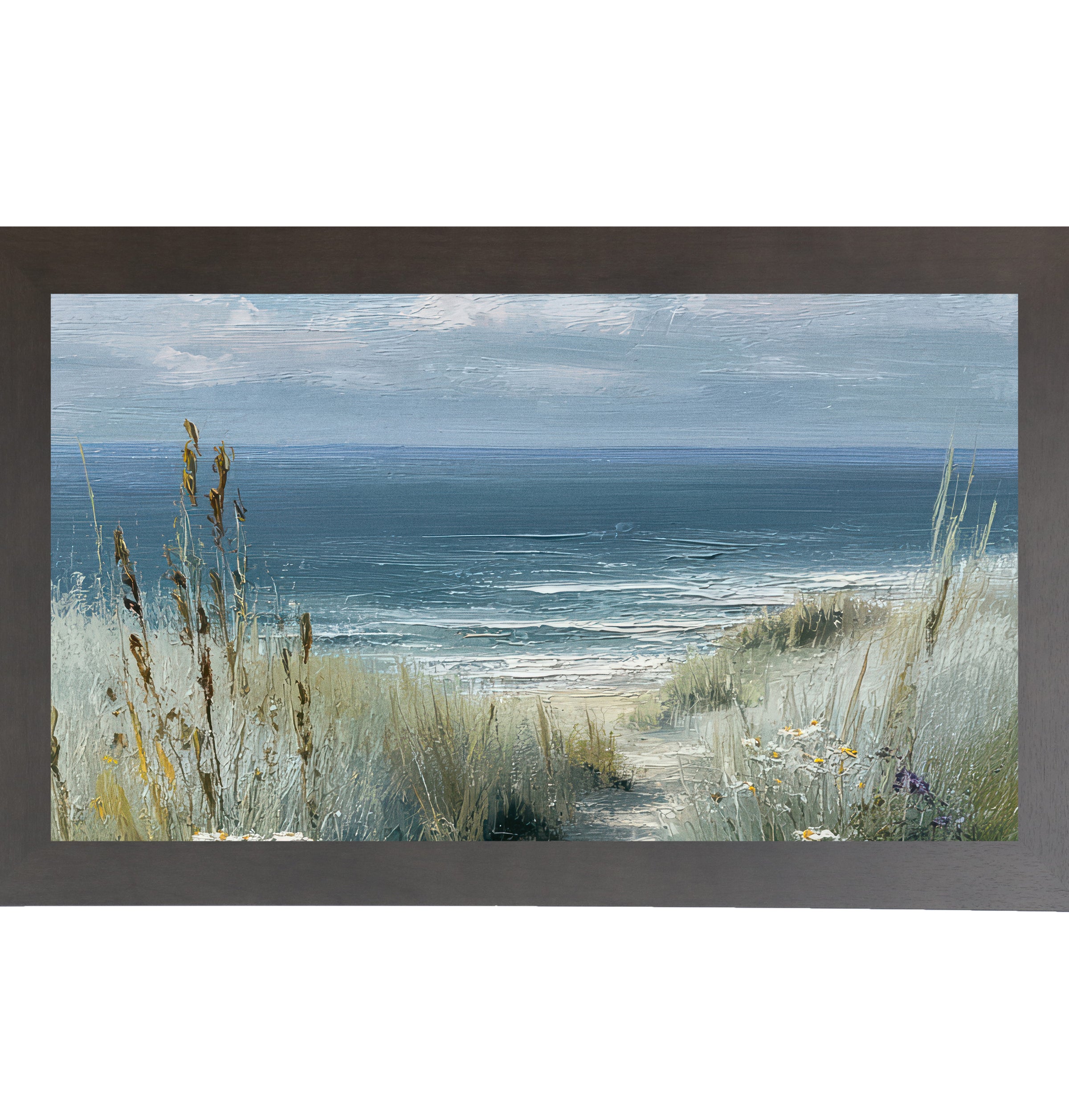 Slatewood framed wide landscape coastal path wall art featuring golden cattails and sea grasses with white and yellow wildflowers framing a sandy beach path leading to deep teal ocean under a soft blue gray sky
