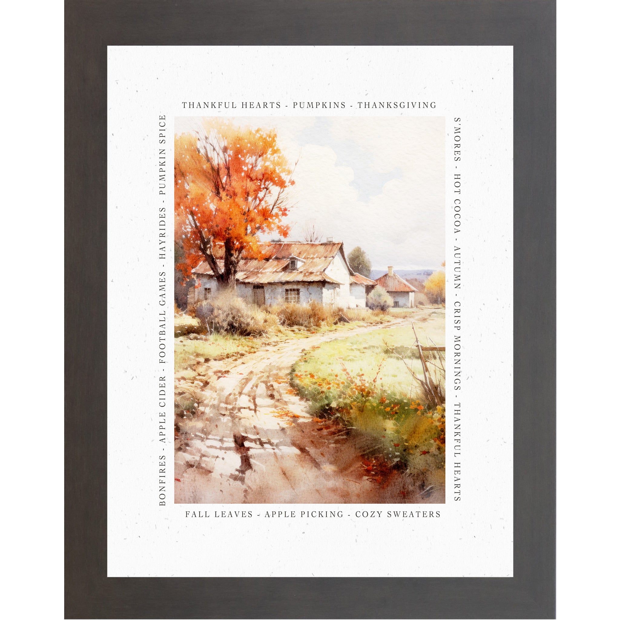 Slatewood framed portrait fall farmhouse porch wall art featuring watercolor Adirondack chair pumpkins and lantern surrounded by fall quote border — There Is Always Something To Be Thankful For Crisp Mornings Cozy Sweaters Falling Leaves Good Memories Fall Reminds Us How Beautiful Change Can Be — SN388
