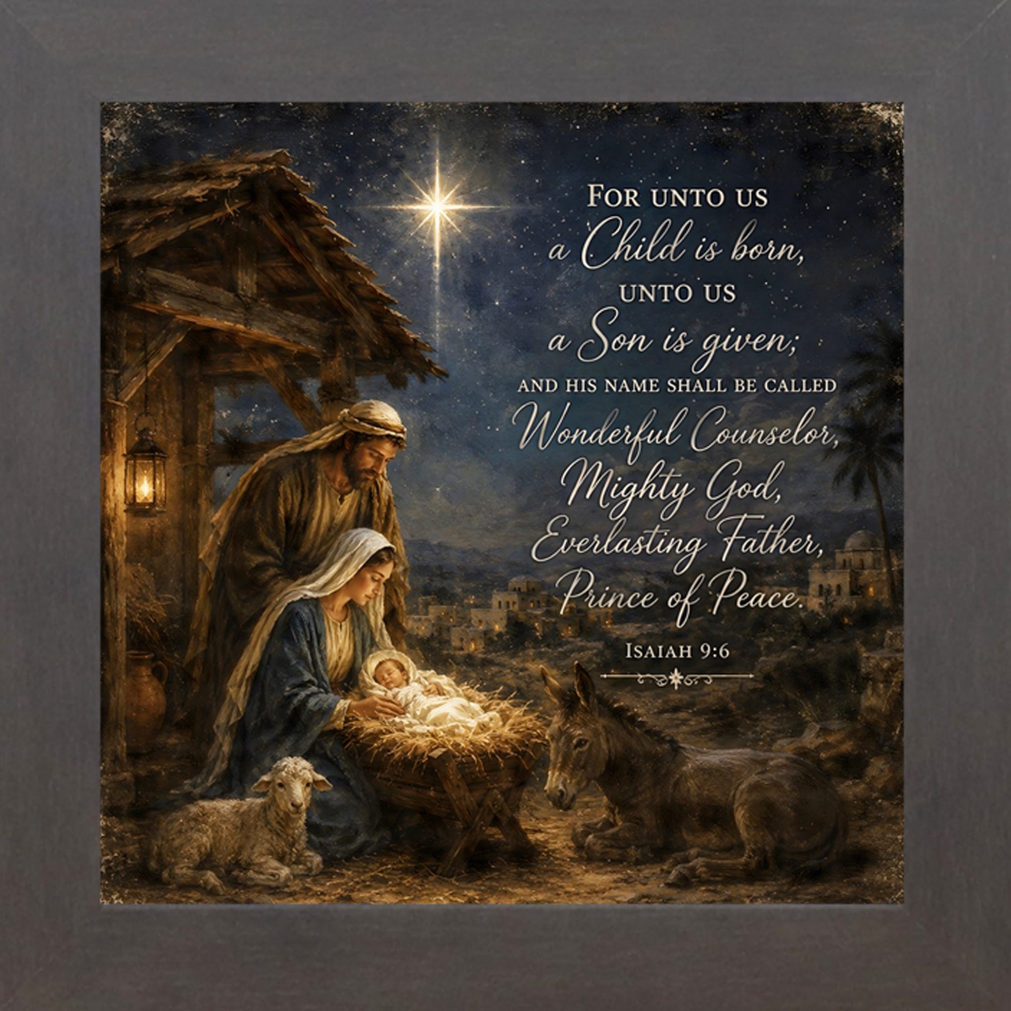Slatewood framed square nativity Christmas wall art featuring Mary and Joseph at the manger under the Star of Bethlehem with Isaiah 9:6 scripture text