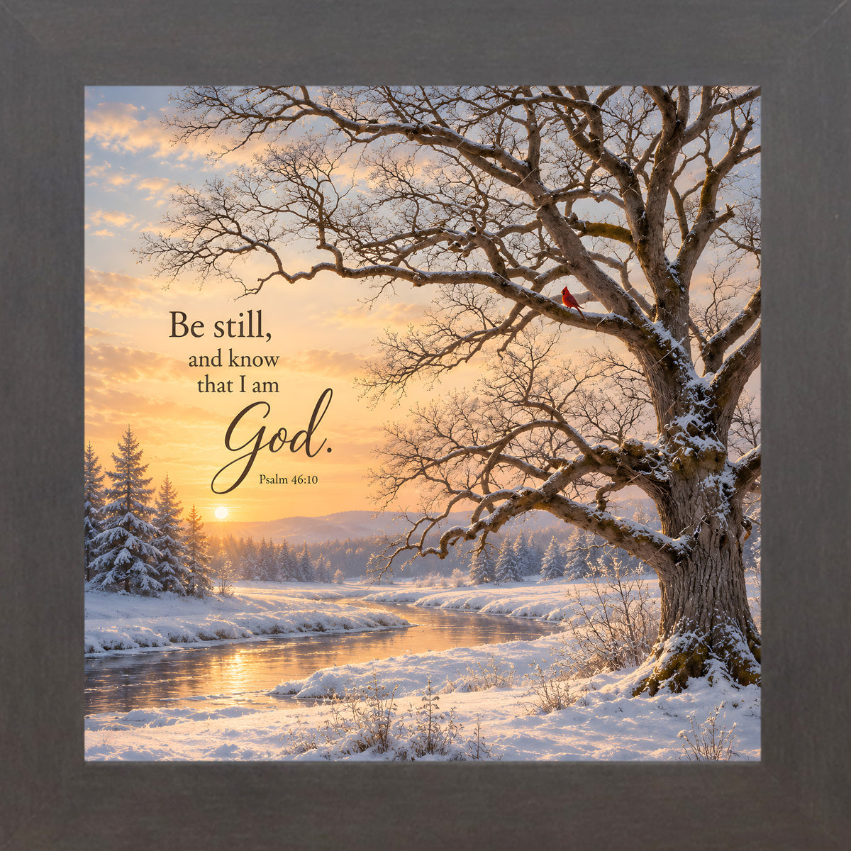 Be Still and Know That I Am God wall art in slatewood frame, Psalm 46:10 cardinal scene
