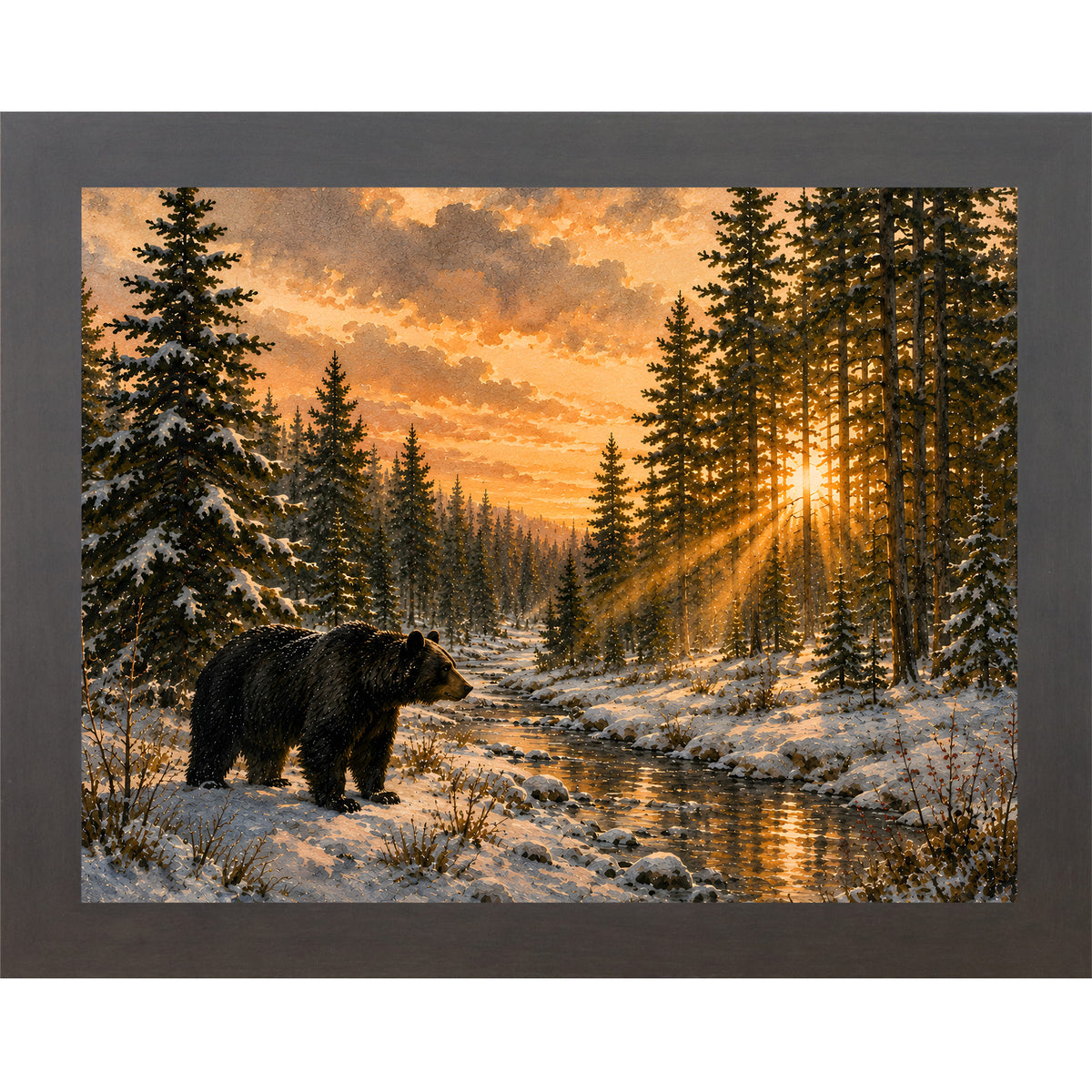 Slatewood framed landscape wall art featuring a black bear walking along a sunlit forest creek at golden hour