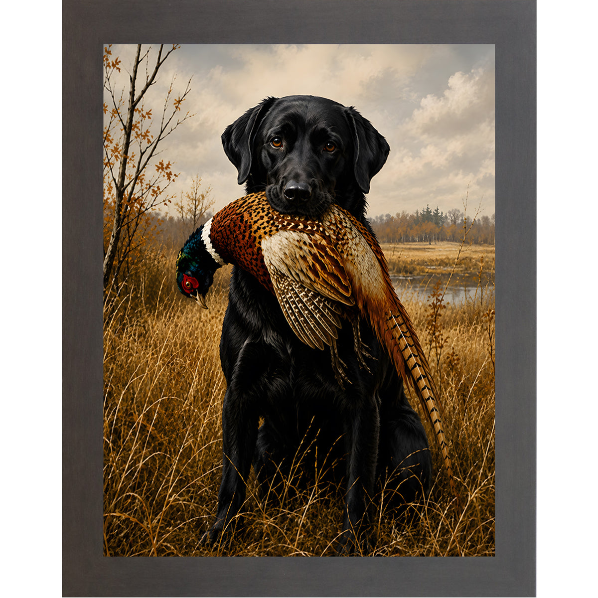 Slatewood framed portrait heritage hunting dog wall art featuring a black Labrador holding a pheasant in a golden autumn field