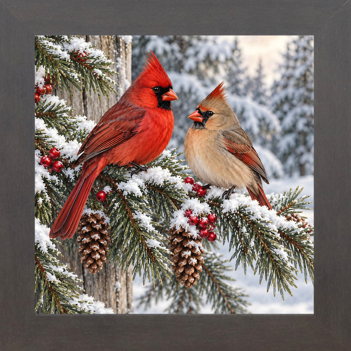 Slatewood framed square winter cardinal wall art featuring a pair of red and tan cardinals perched on a snowy pine branch with pinecones and red berries