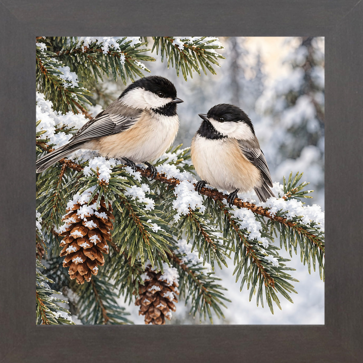 Slatewood framed square winter chickadee wall art featuring two black-capped chickadees perched on a snowy pine branch with pinecones